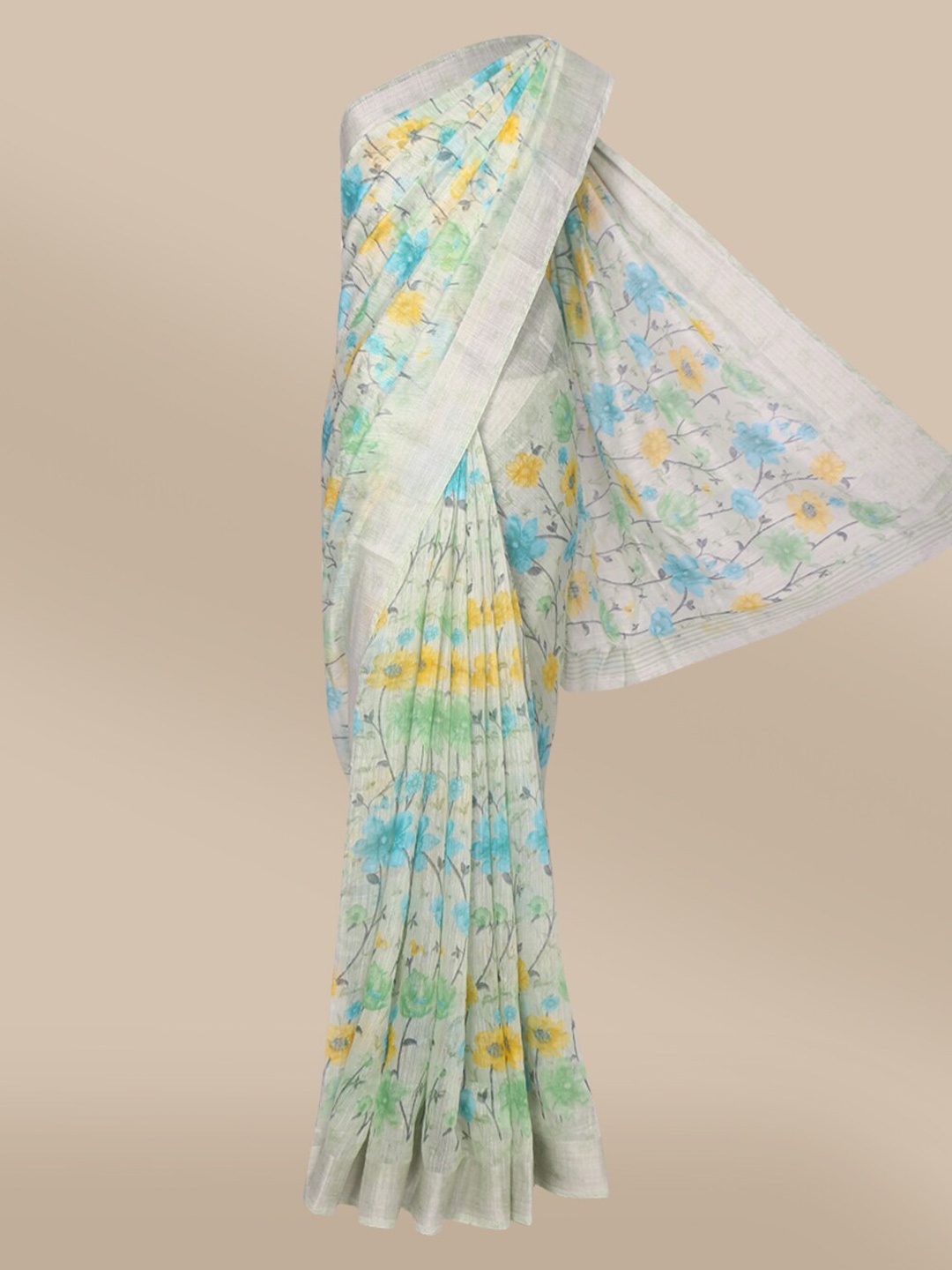 

The Chennai Silks Green & Yellow Floral Zari Fusion Bhagalpuri Saree