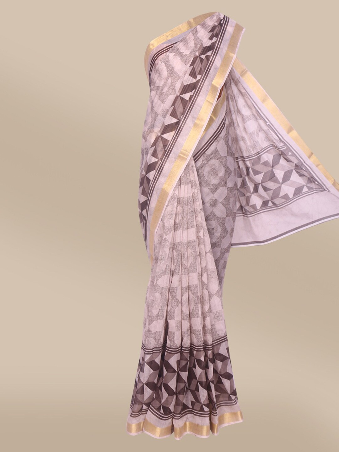 

The Chennai Silks Peach-Coloured & Brown Printed Zari Bhagalpuri Saree