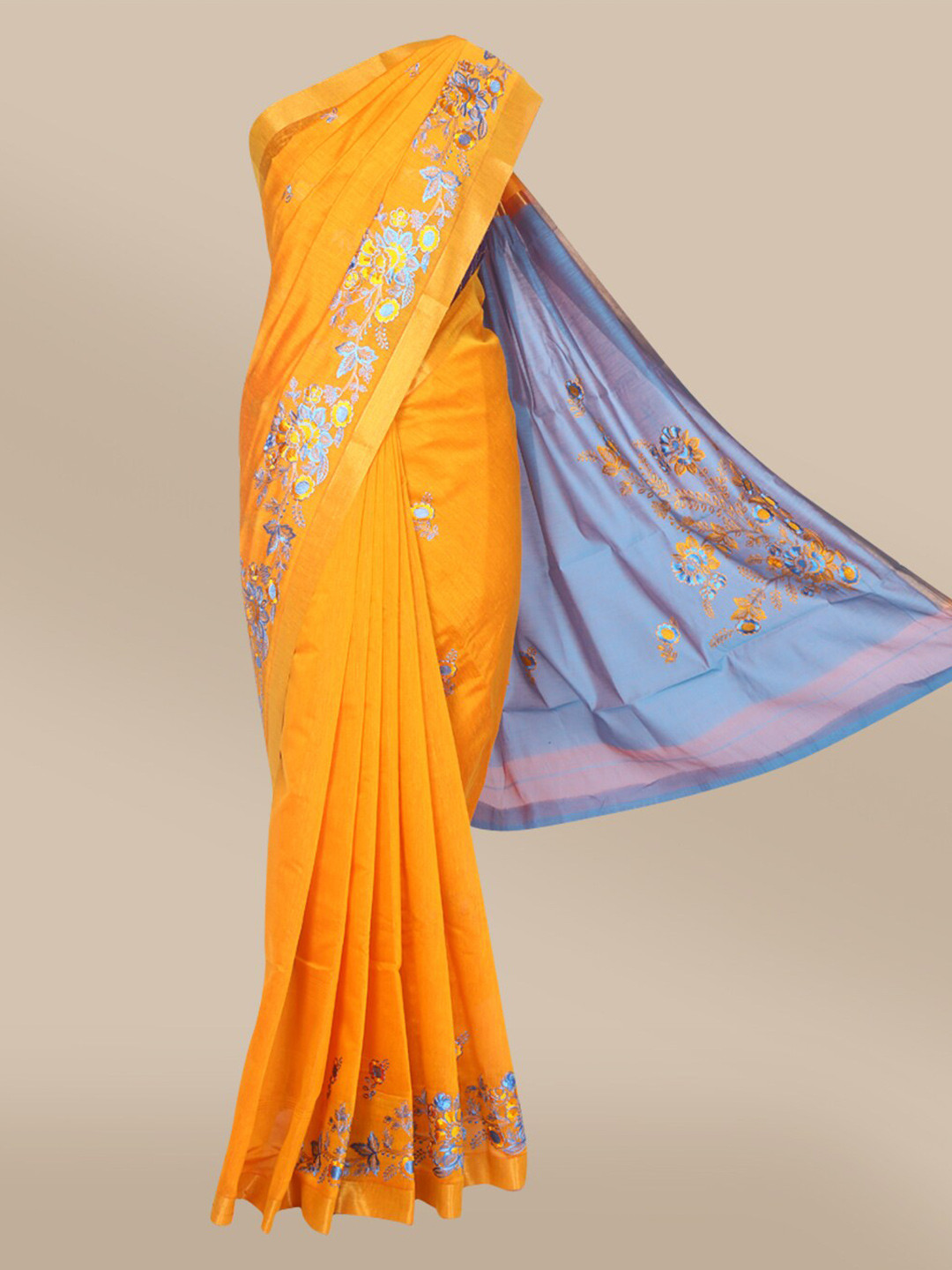 

The Chennai Silks Orange & Blue Floral Embroidered Saree