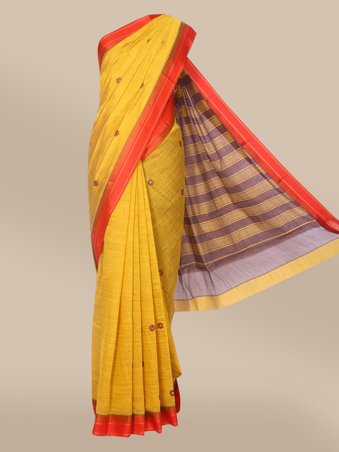 

The Chennai Silks Mustard & Red Floral Embroidered Saree