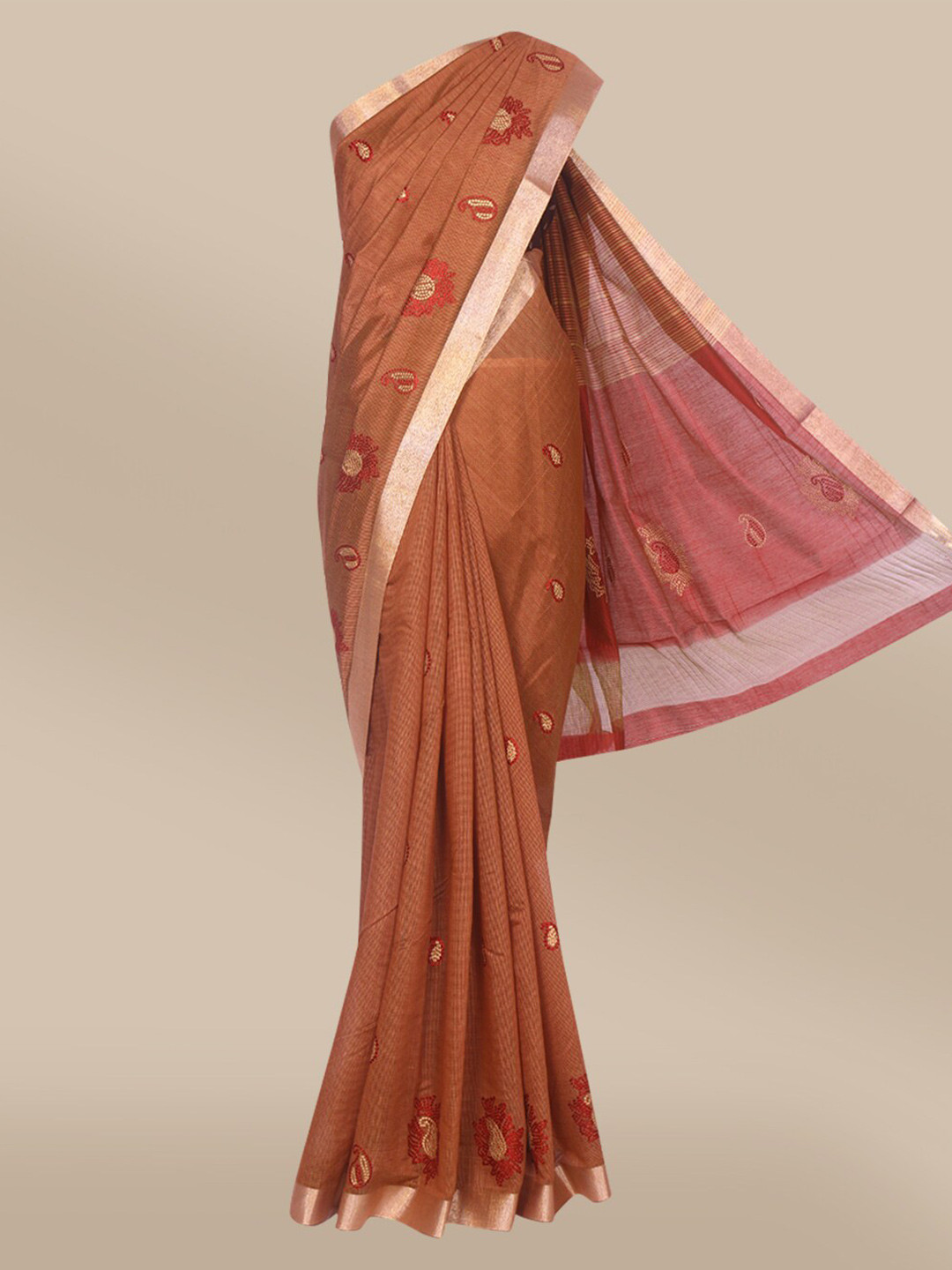 

The Chennai Silks Brown & Gold-Toned Floral Embroidered Fusion Saree