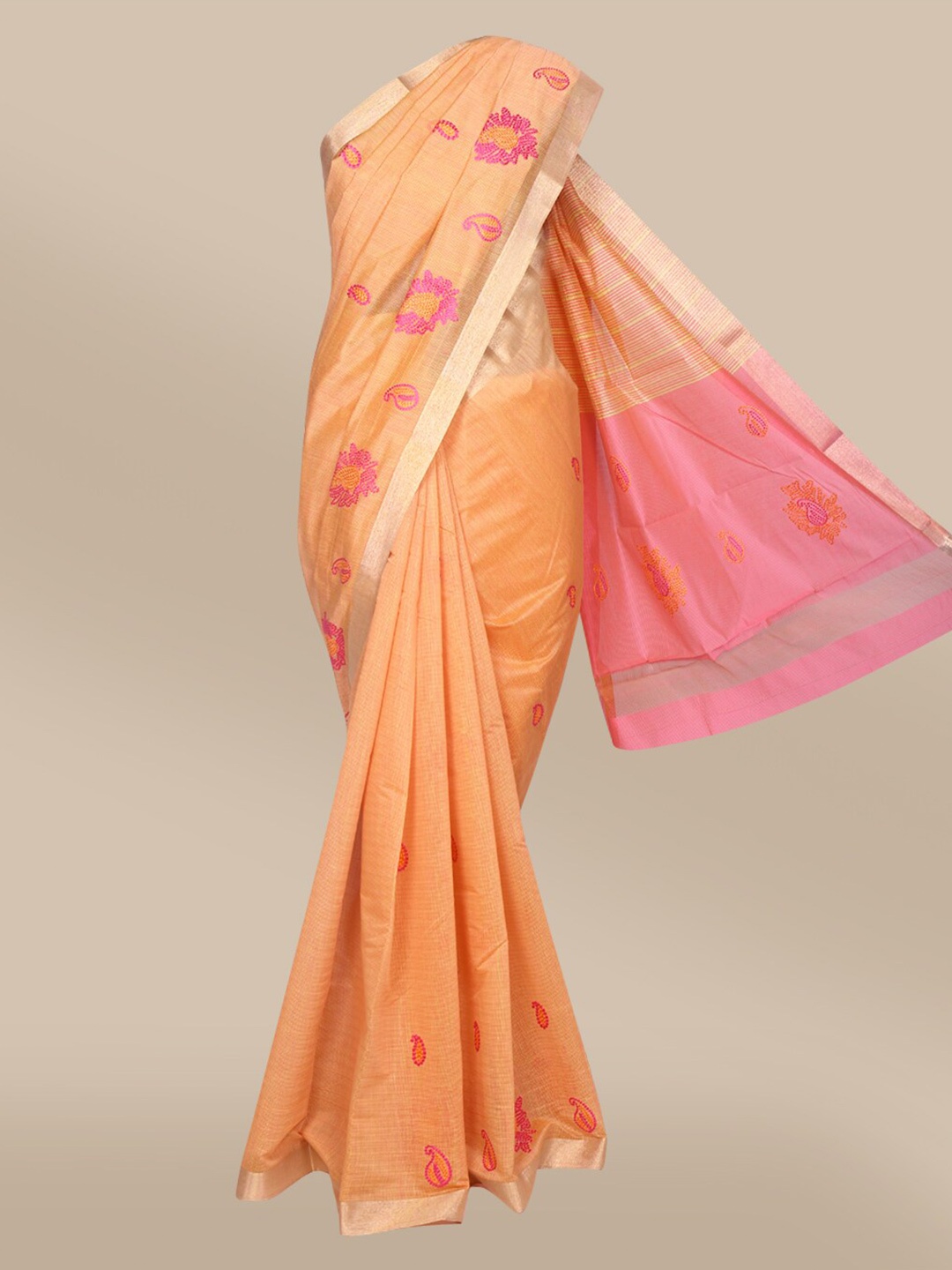

The Chennai Silks Orange & Pink Floral Embroidered Fusion Saree