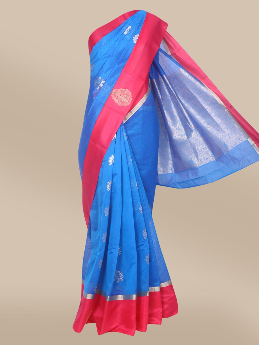 

The Chennai Silks Blue & Pink Woven Design Zari Silk Cotton Fusion Maheshwari Saree