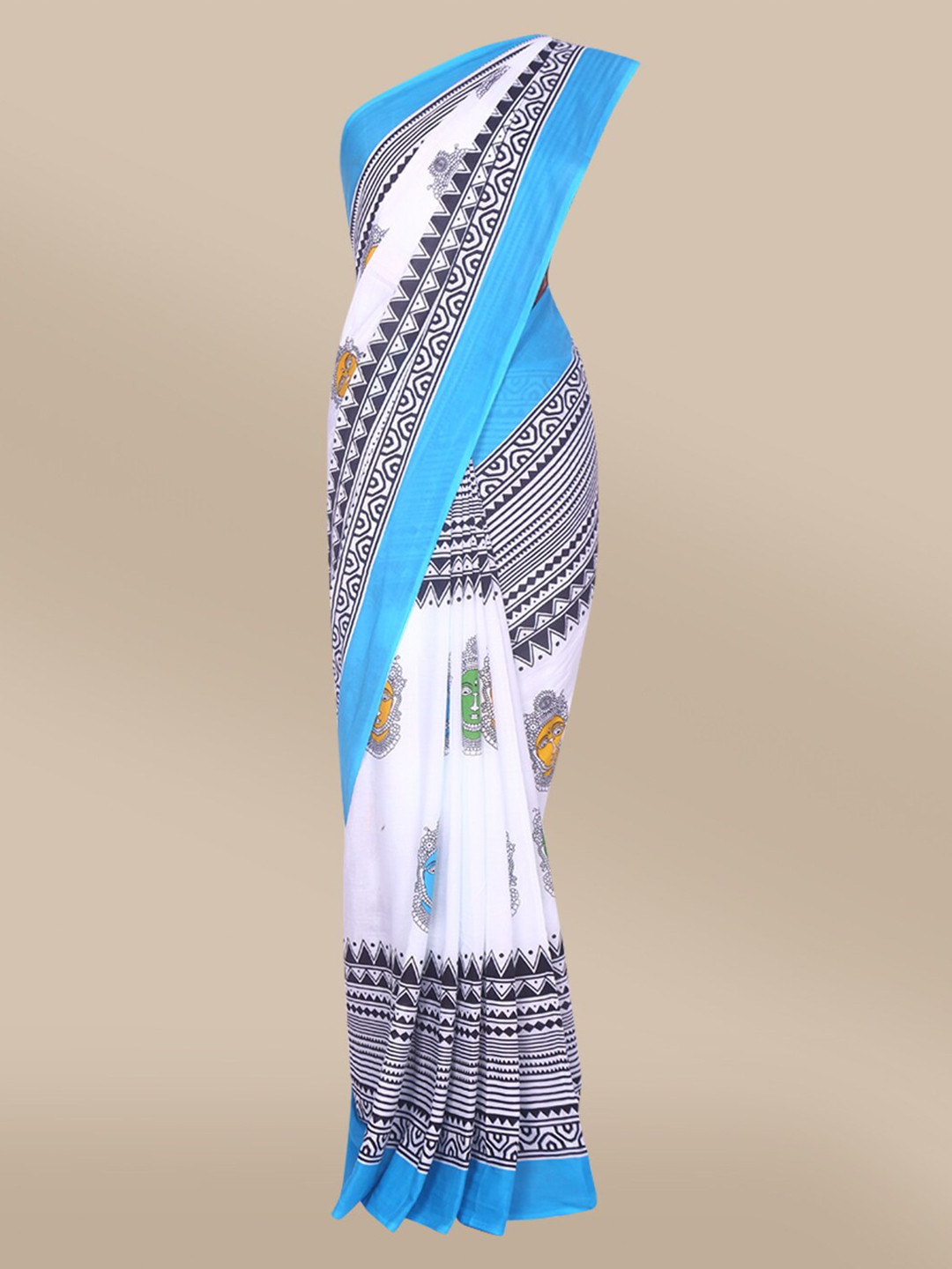 

The Chennai Silks Off White & Blue Ethnic Motifs Pure Malmal Cotton Saree