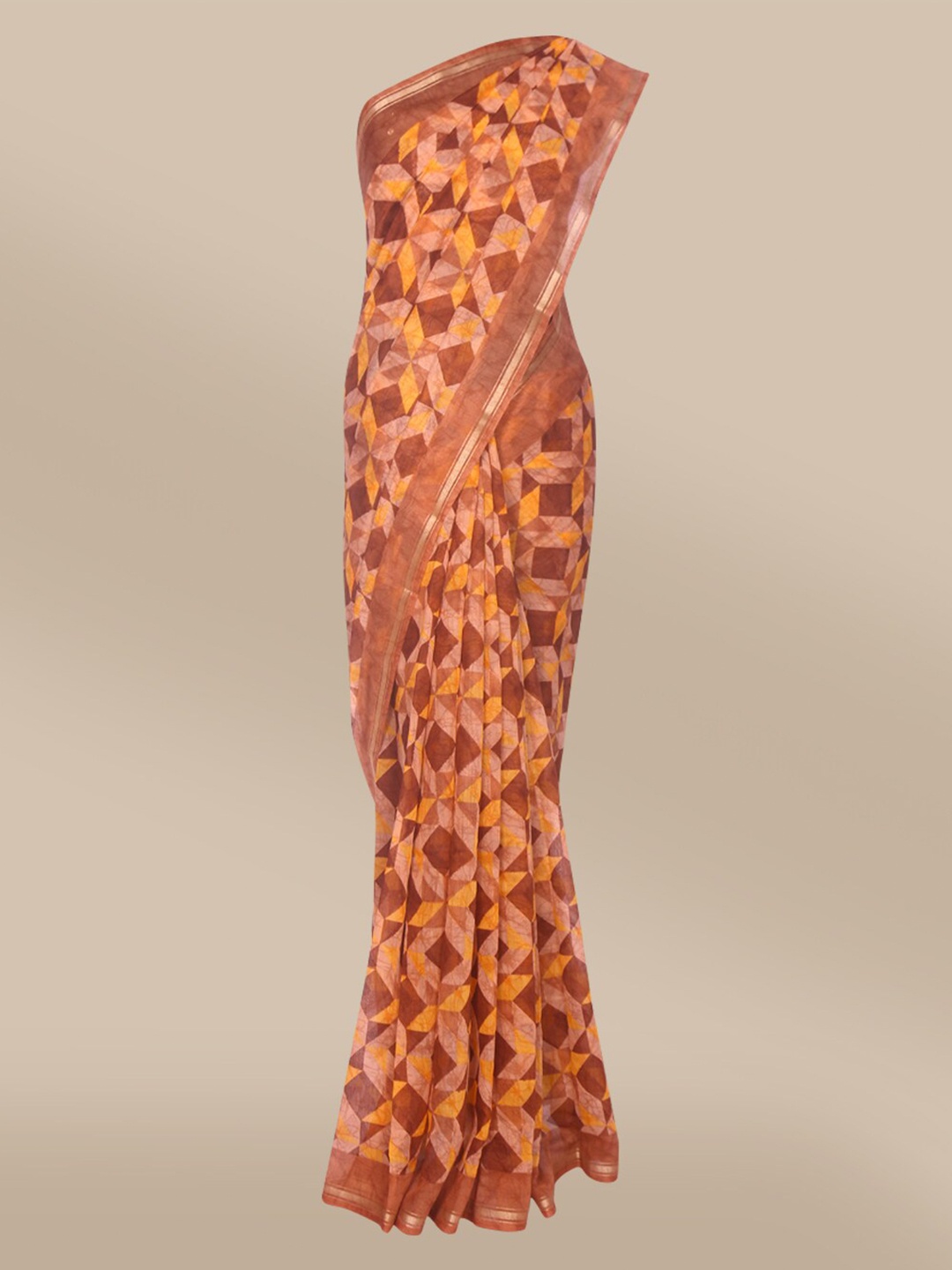 

The Chennai Silks Brown & Yellow Printed Polyester Bhagalpuri Saree