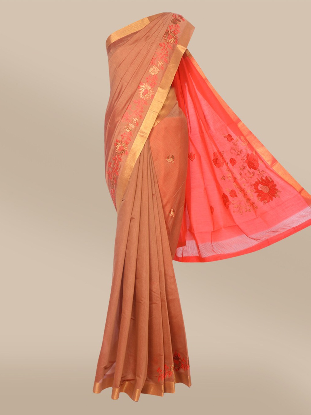 

The Chennai Silks Brown & Gold-Toned Floral Embroidered Saree