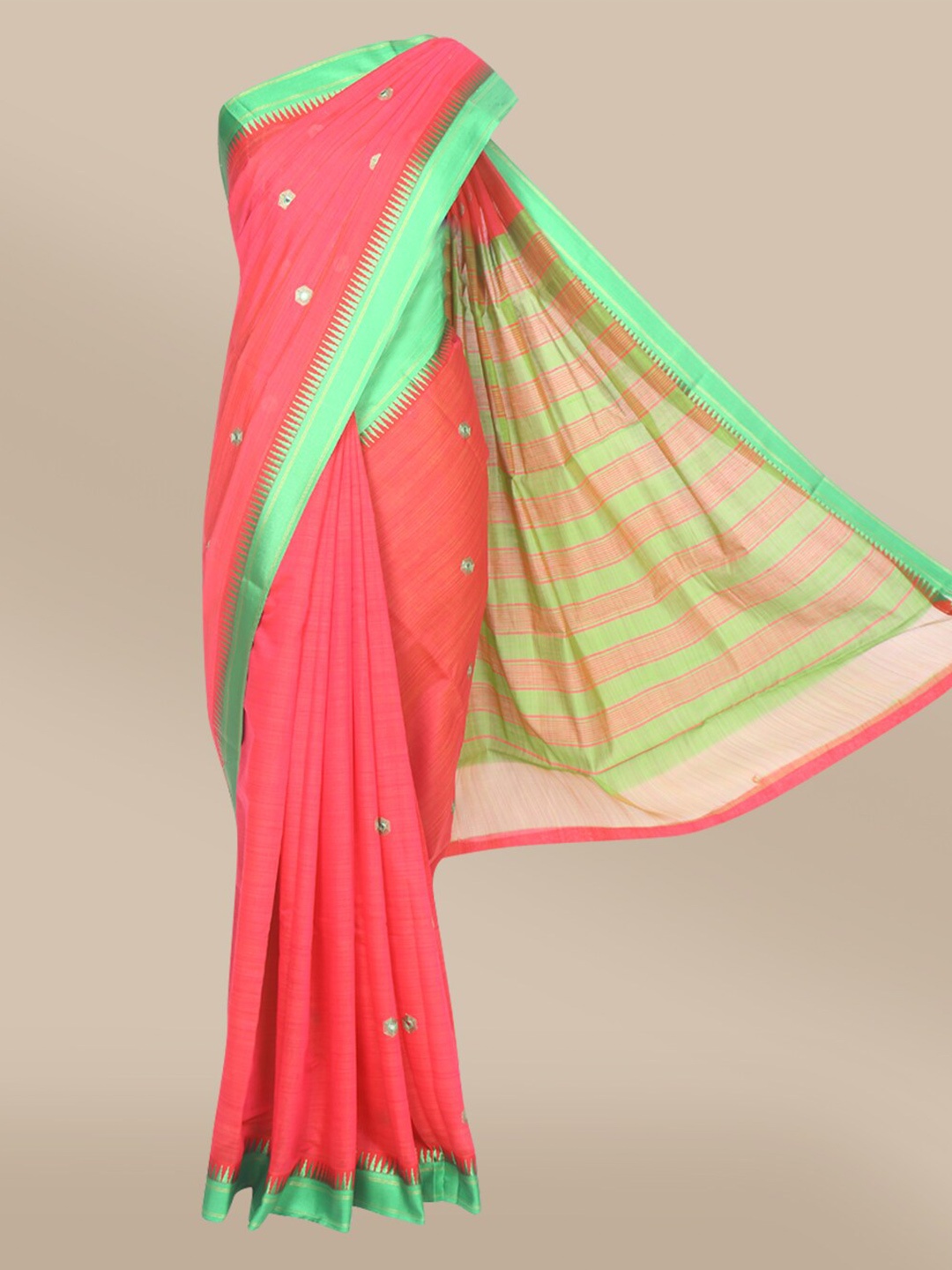 

The Chennai Silks Pink & Green Floral Embroidered Mirror Work Saree