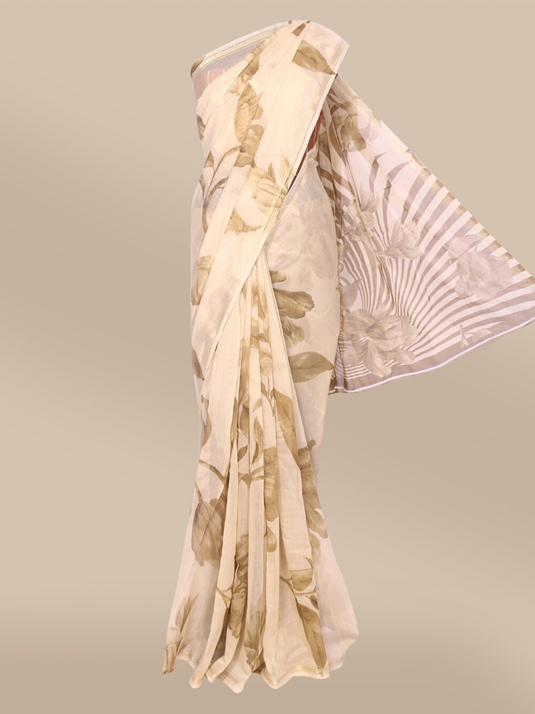 

The Chennai Silks Beige & Olive Green Floral Bhagalpuri Saree