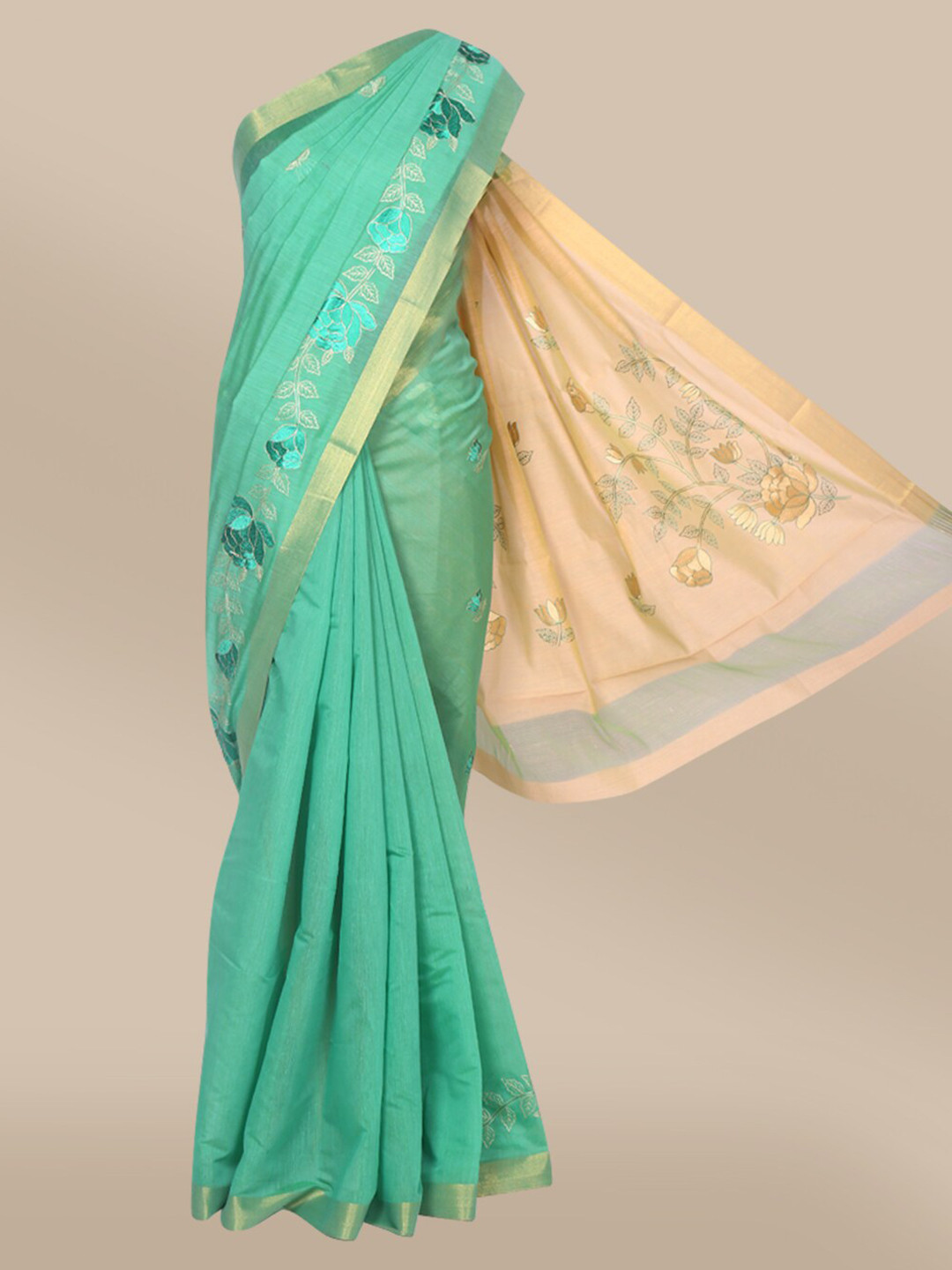 

The Chennai Silks Green & Beige Floral Embroidered Mercerized Cotton Saree