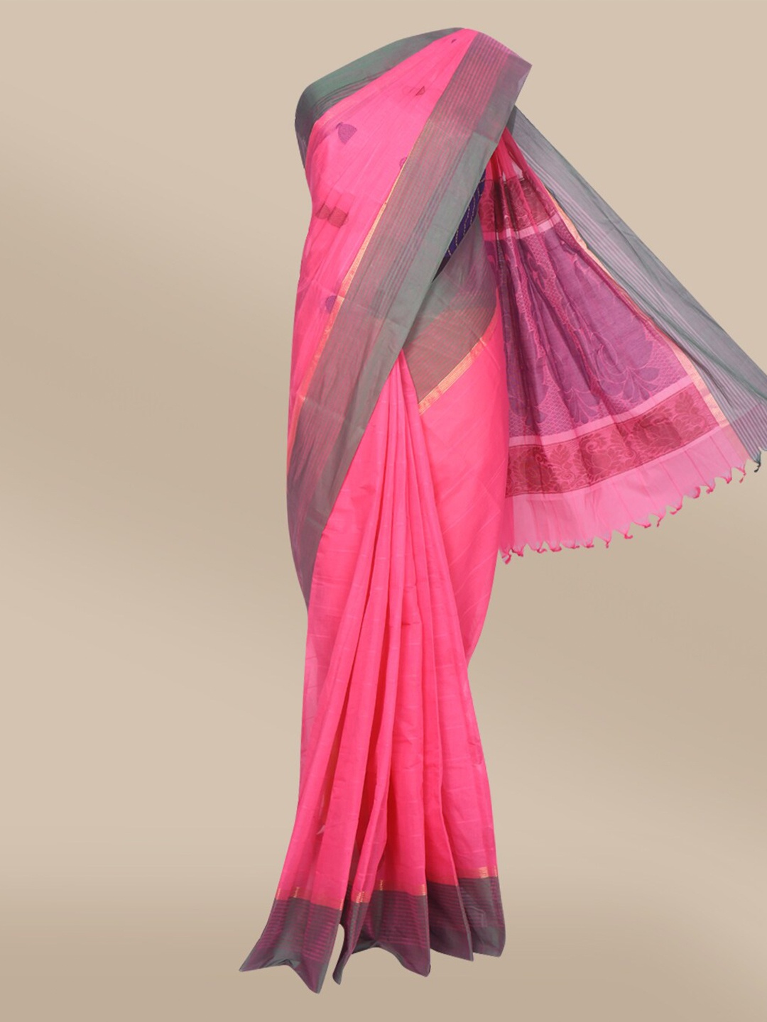 

The Chennai Silks Pink & Grey Woven Design Silk Cotton Kovai Saree