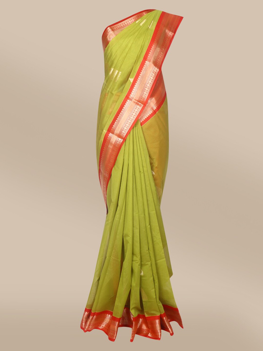 

The Chennai Silks Green & Orange Woven Design Silk Cotton Maheshwari Saree