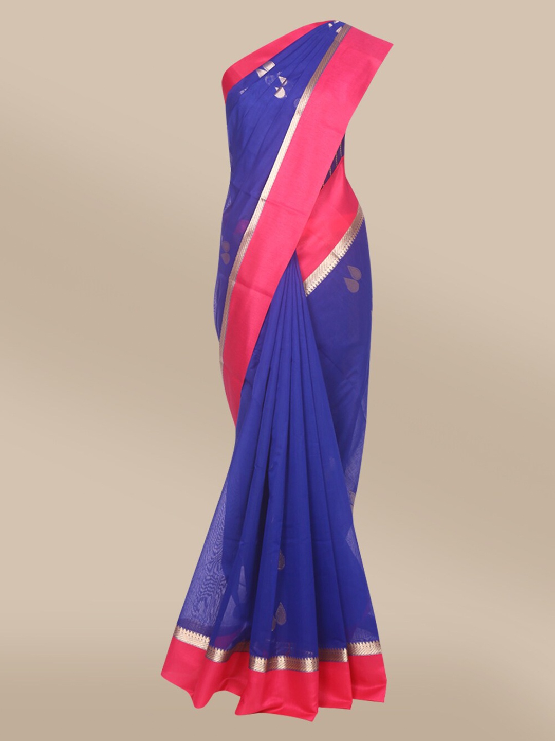 

The Chennai Silks Navy Blue & Magenta Ethnic Motifs Zari Silk Cotton Fusion Maheshwari Saree