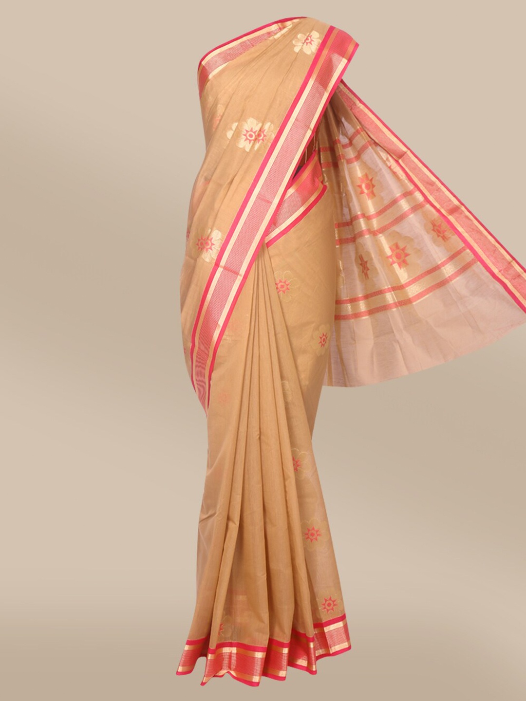 

The Chennai Silks Beige & Red Woven Design Silk Cotton Fusion Maheshwari Saree