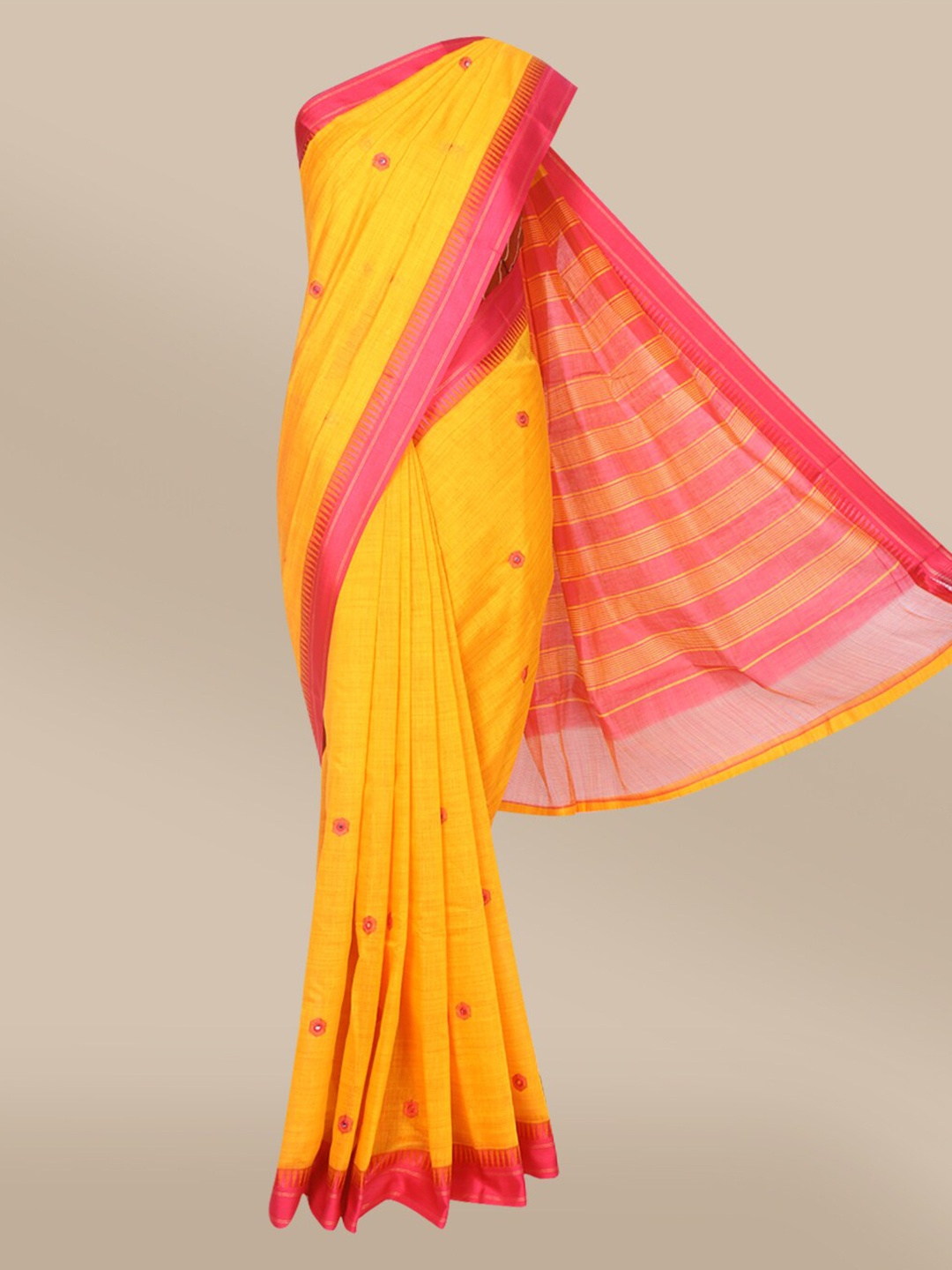 

The Chennai Silks Yellow & Pink Floral Embroidered Mercerized Cotton Saree