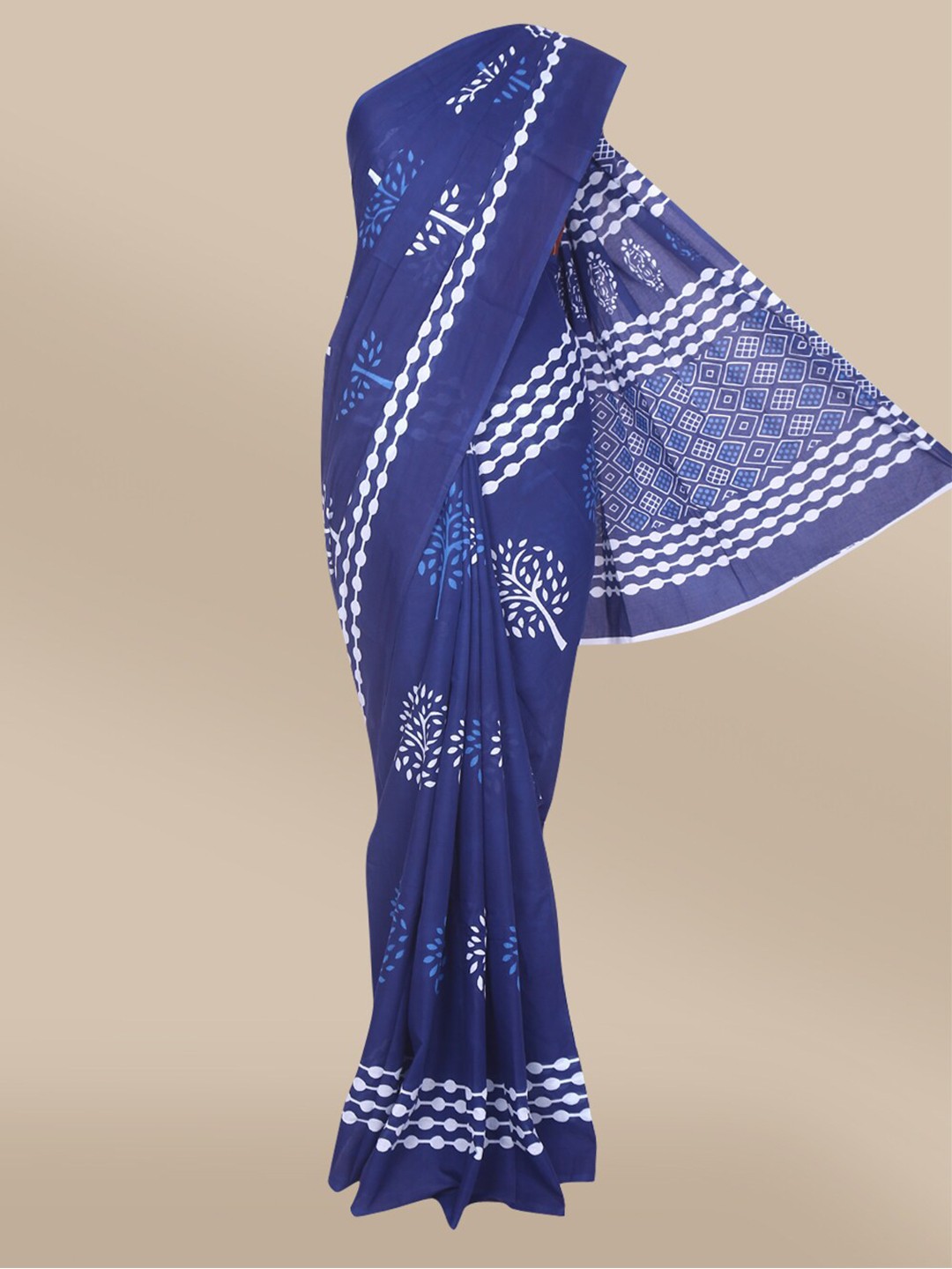 

The Chennai Silks Navy Blue & White Batik Pure Mulmal Cotton Saree