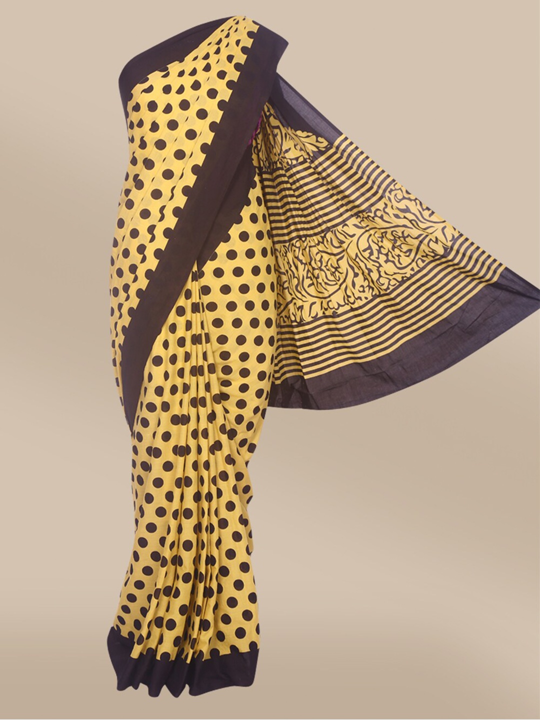 

The Chennai Silks Yellow & Black Polka Dots Printed Malmal Cotton Saree