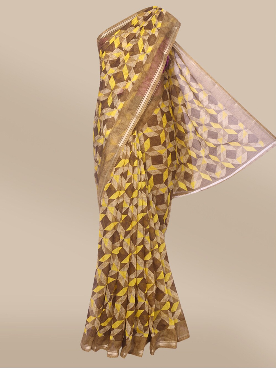 

The Chennai Silks Beige & Yellow Fusion Bhagalpuri Saree