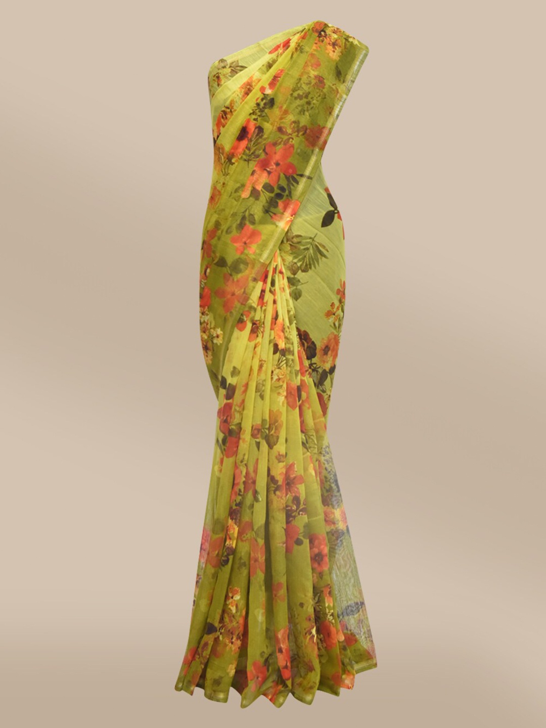 

The Chennai Silks Green & Yellow Floral Fusion Bhagalpuri Saree
