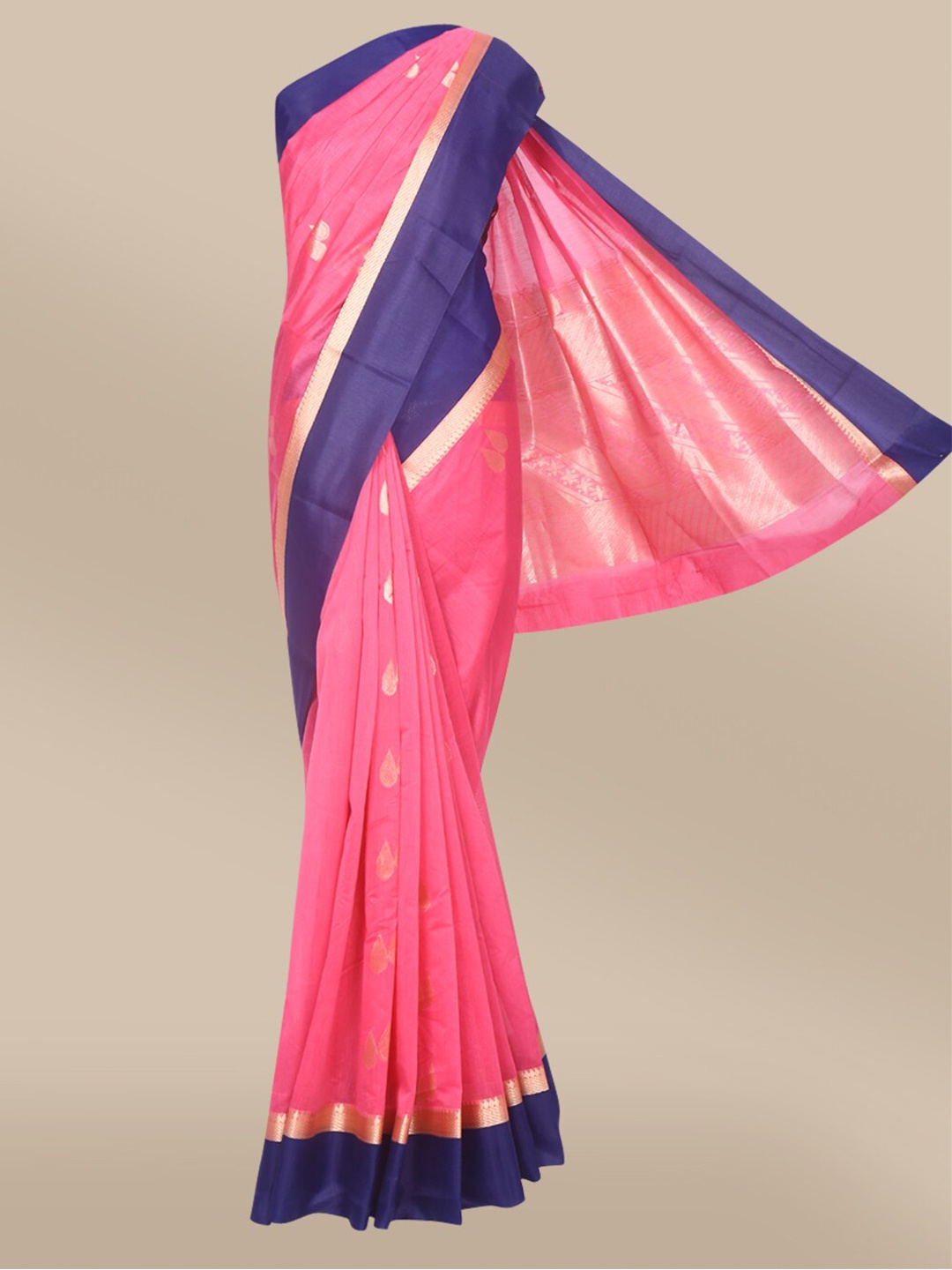 

The Chennai Silks Pink & Blue Ethnic Motifs Silk Cotton Maheshwari Saree