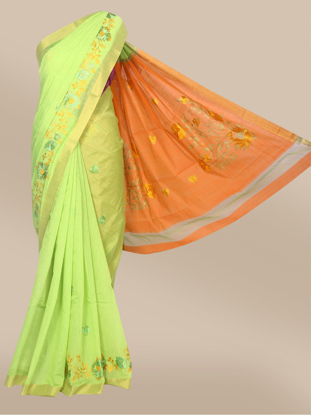 

The Chennai Silks Green & Orange Floral Embroidered Fusion Saree