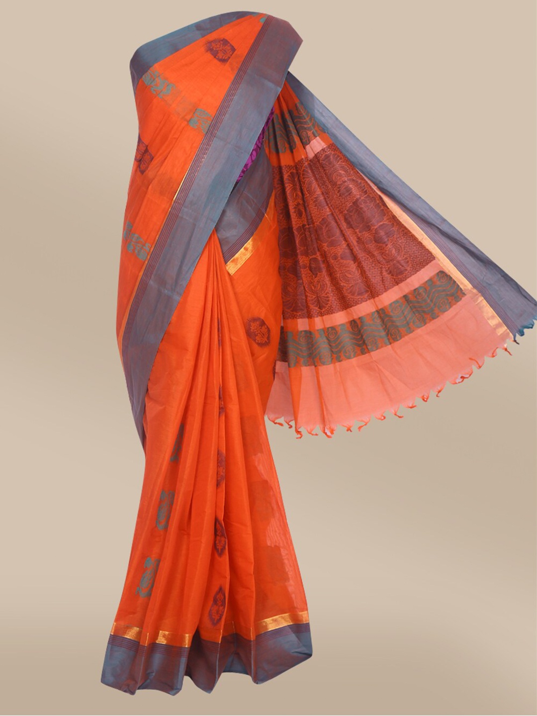 

The Chennai Silks Orange & Grey Ethnic Motifs Kovai Silk Cotton Saree