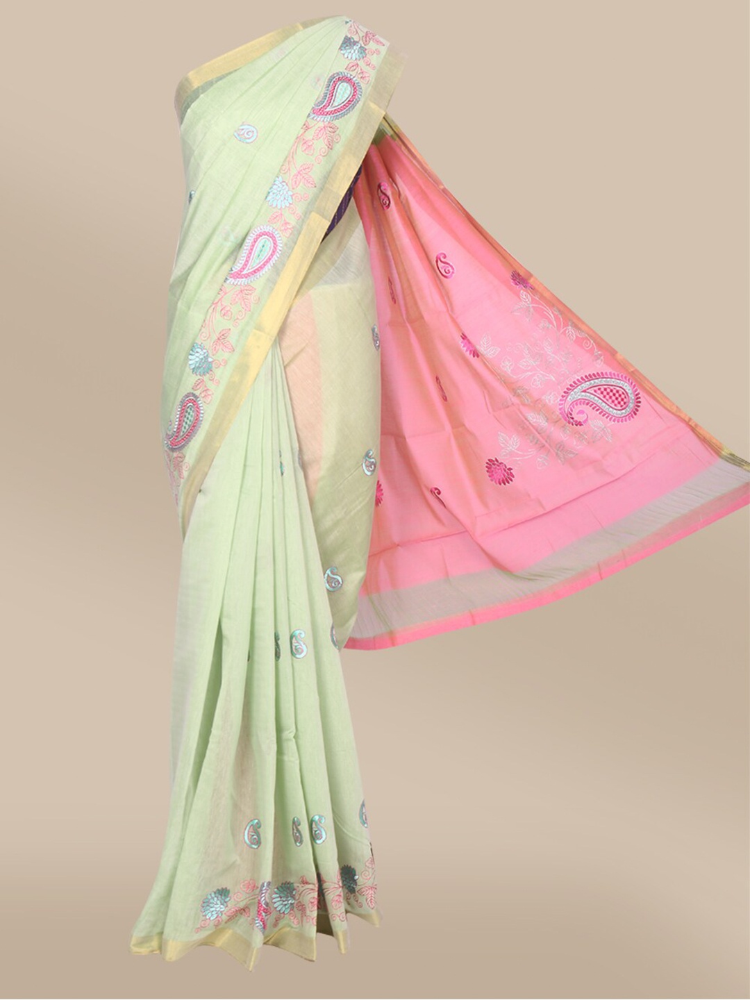 

The Chennai Silks Green & Pink Paisley Cotton Blend Saree