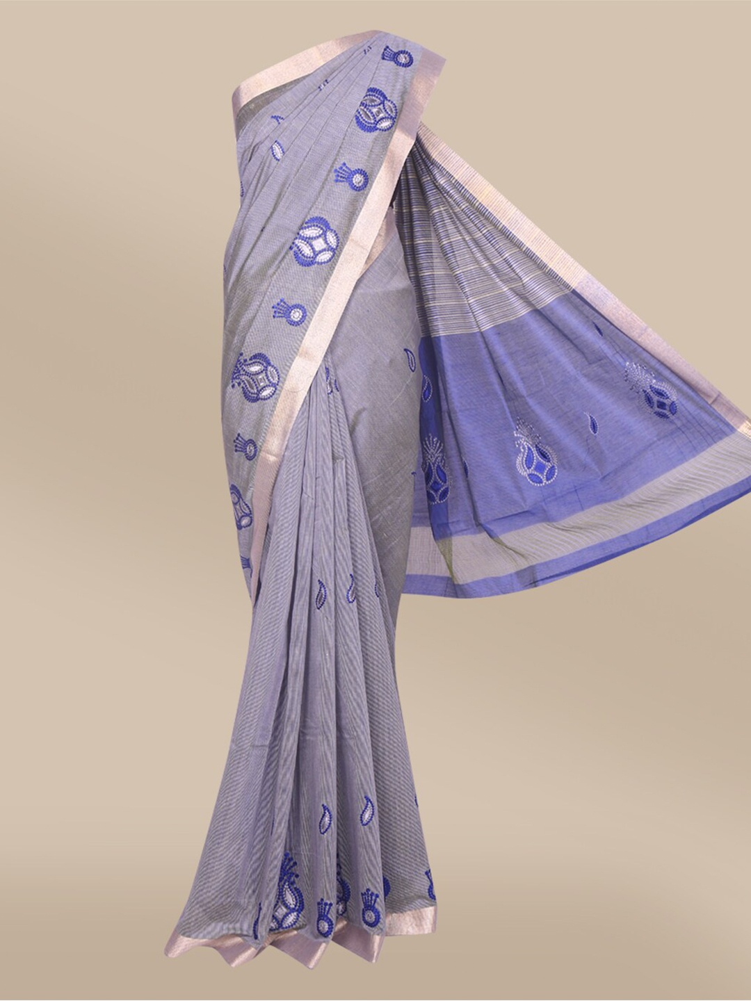 

The Chennai Silks Grey & Silver-Toned Floral Embroidered Zari Border Saree