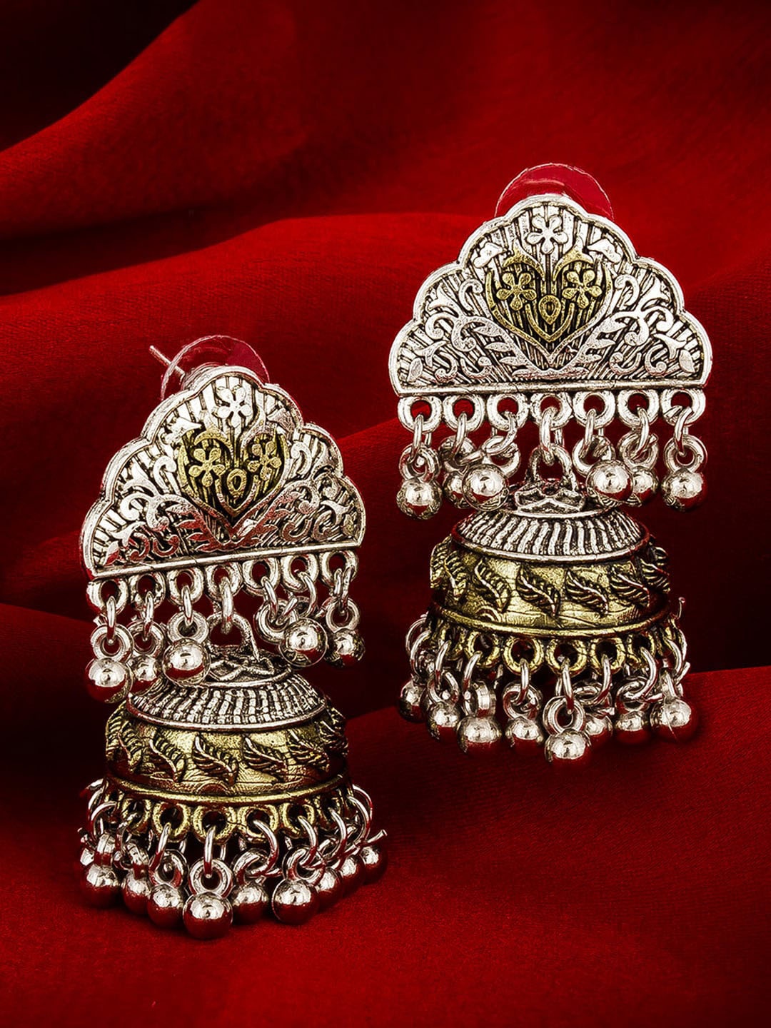 

aadita Silver-Toned Contemporary German Silver Jhumkas
