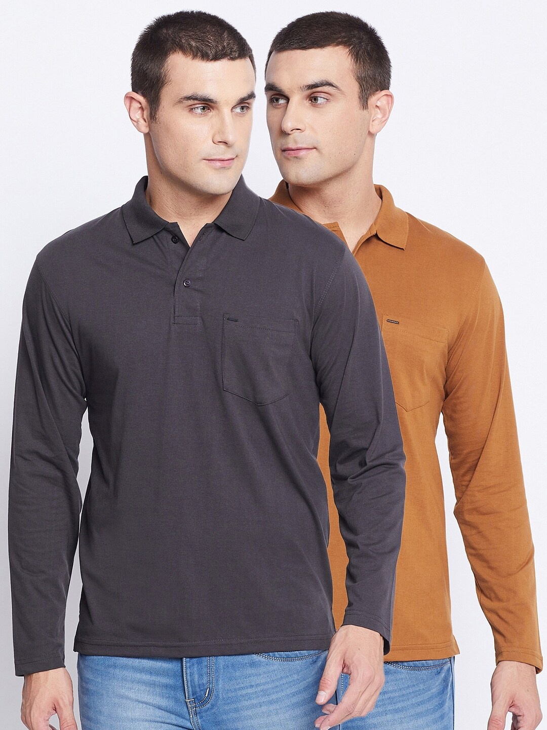

Okane Men Pack of 2 Tan & Charcoal Polo Collar Pockets T-shirt
