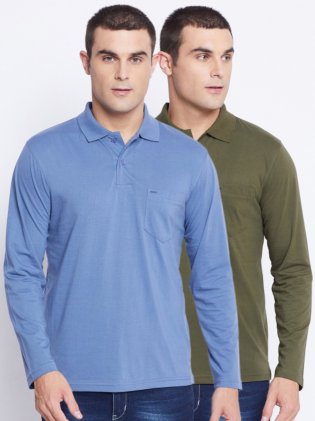 

Okane Men Olive Green & Blue Pack of 2 Polo Collar T-shirt