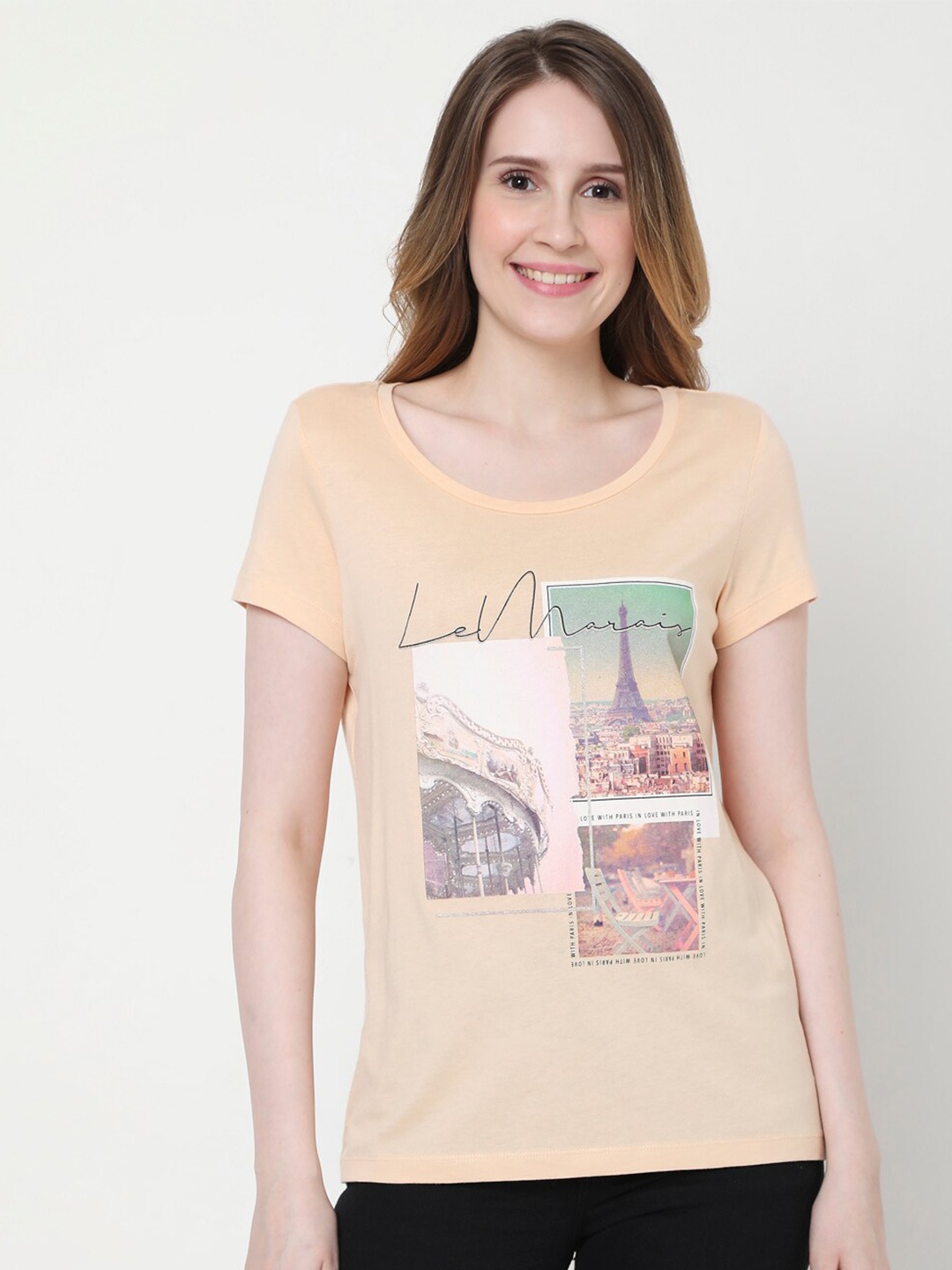 

Vero Moda Women Beige Typography Printed Raw Edge T-shirt