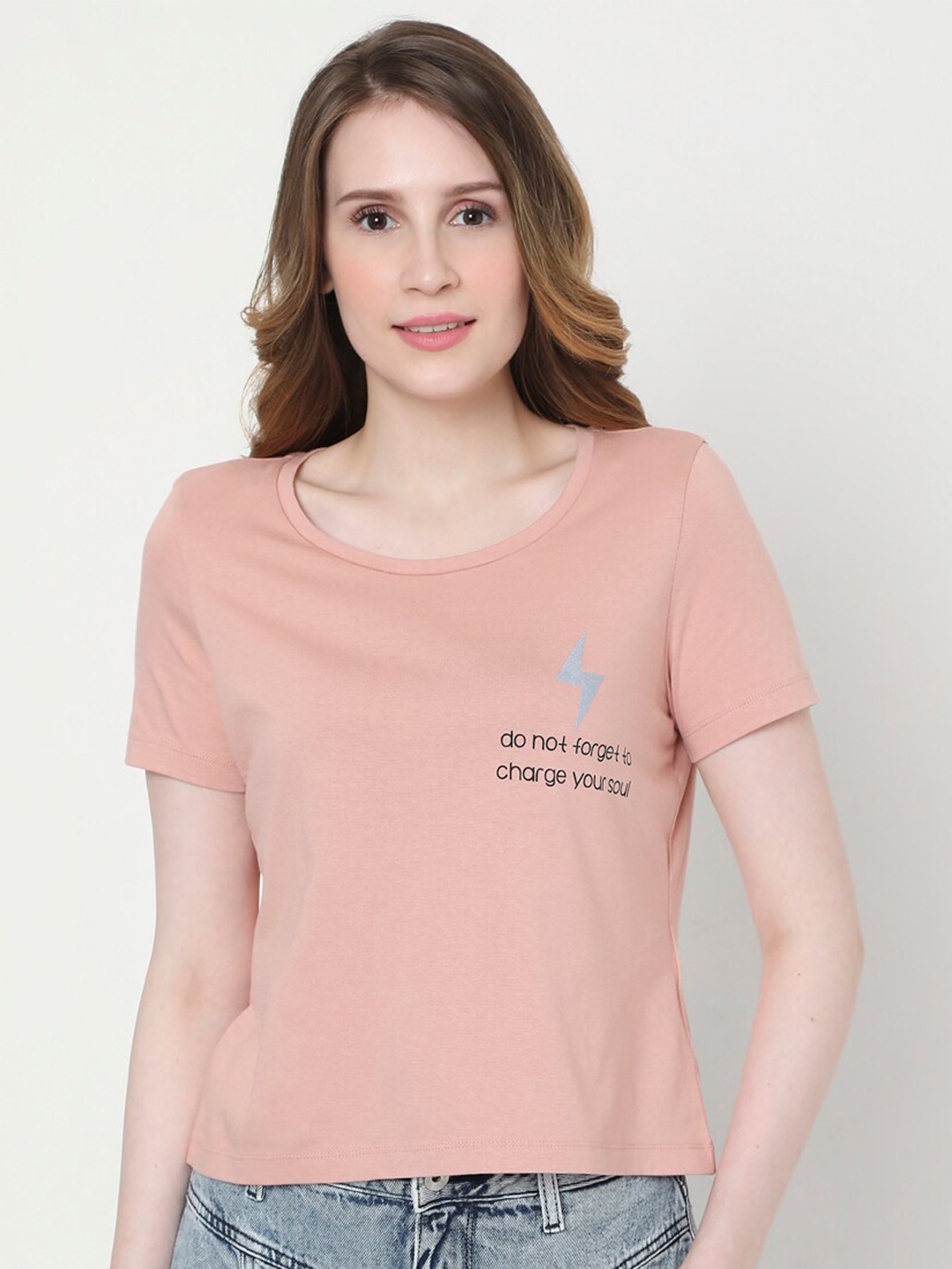 

Vero Moda Women Pink Typography Printed Extended Sleeves T-shirt