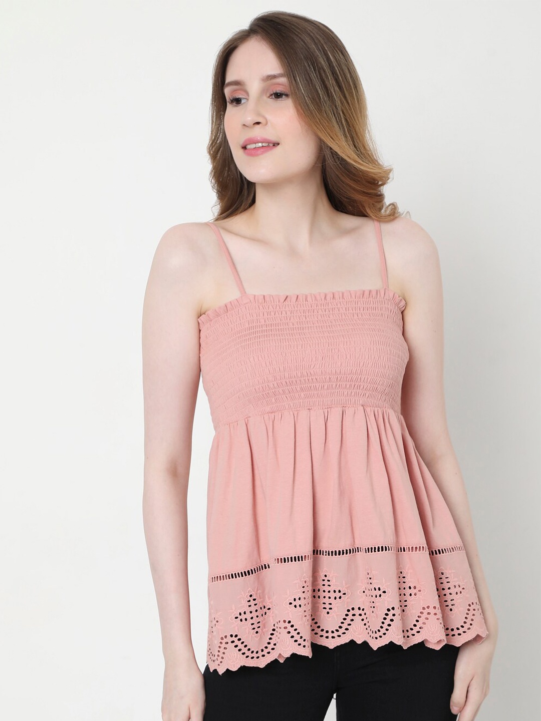 

Vero Moda Pink STELLA Strappy Smocked with Cut-Outs Empire Top