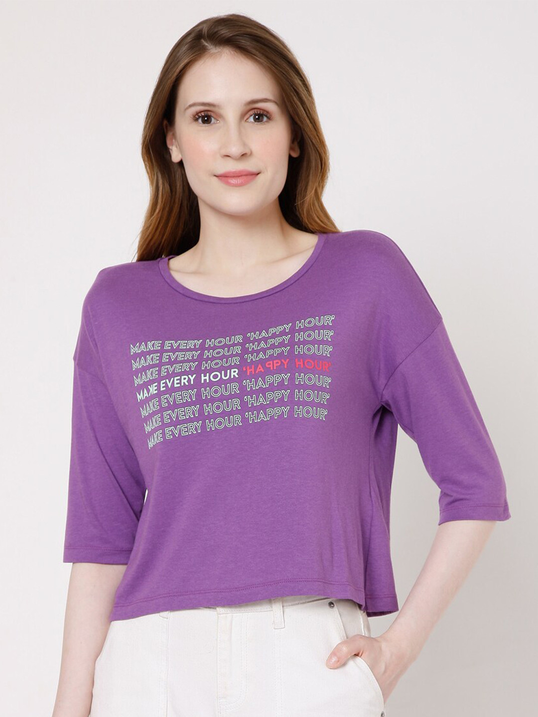 

Vero Moda Women Purple Typography Drop-Shoulder Sleeves T-shirt