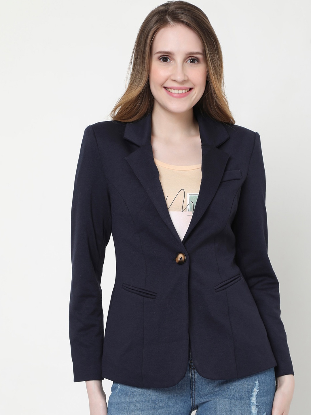 

Vero Moda Women Navy Blue Solid Single-Breasted Blazer