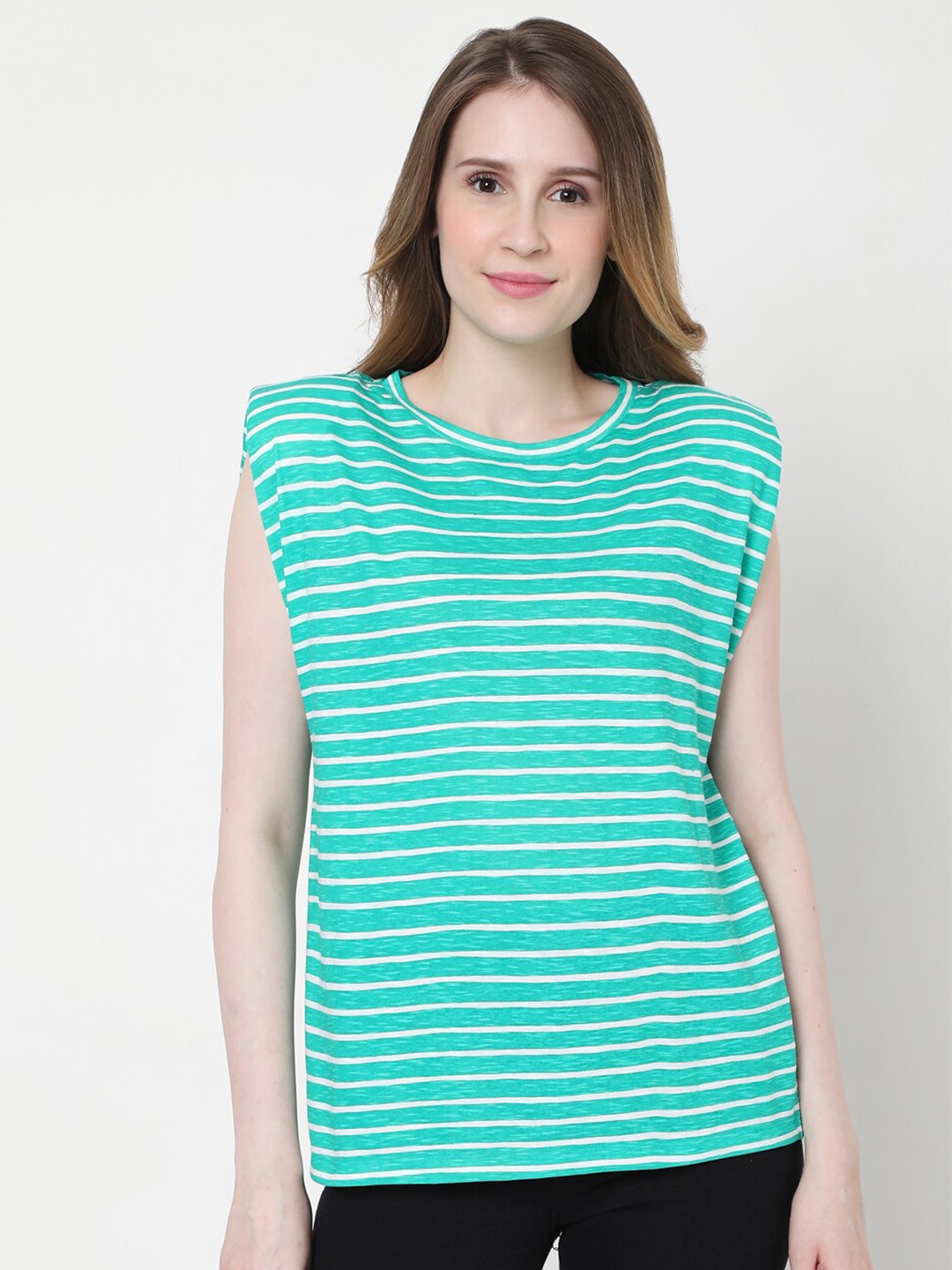 

Vero Moda Women Sea Green & White Striped T-shirt