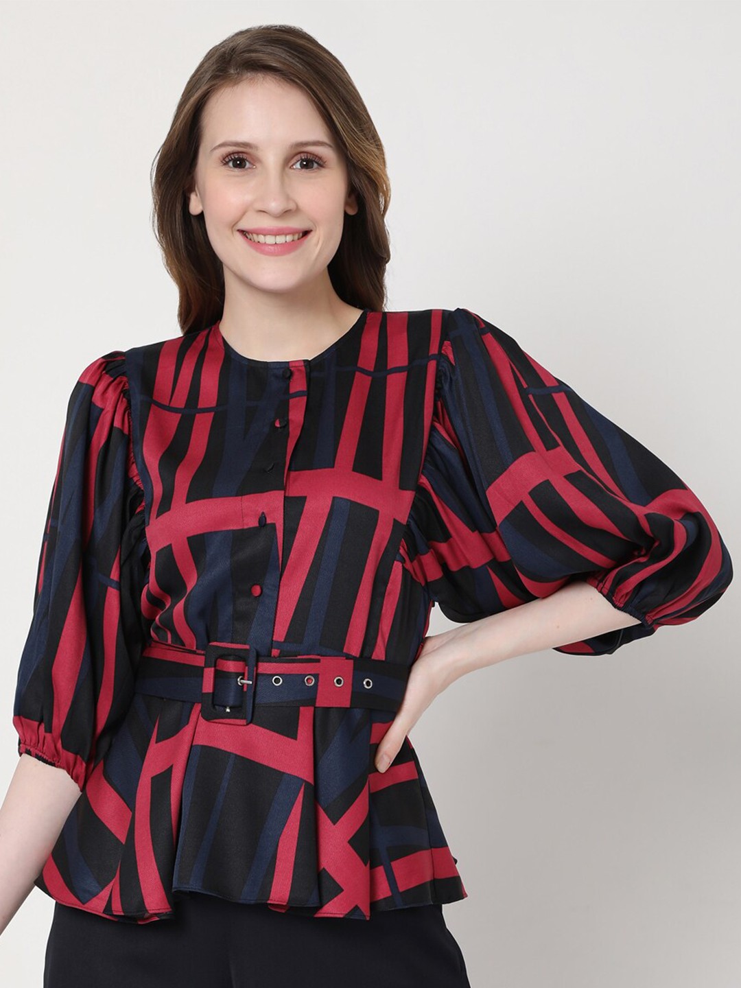 

Vero Moda Navy Blue & Red Printed Cinched Waist Top