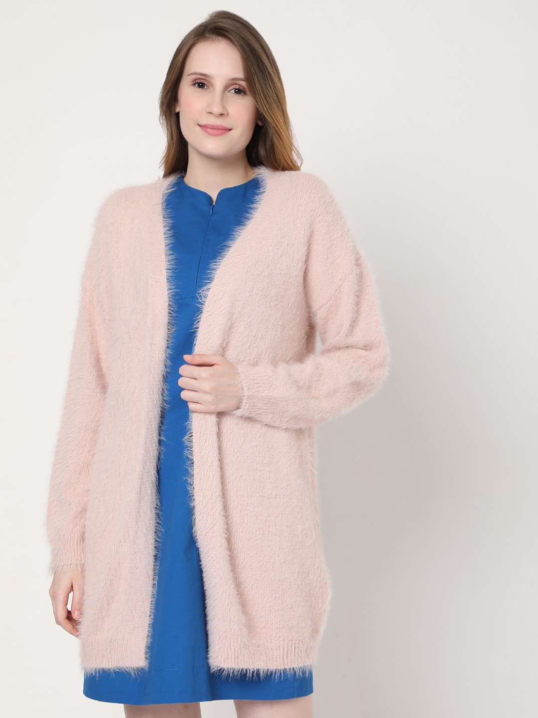 

Vero Moda Women Pink Longline Cardigan With Fuzzy Detail