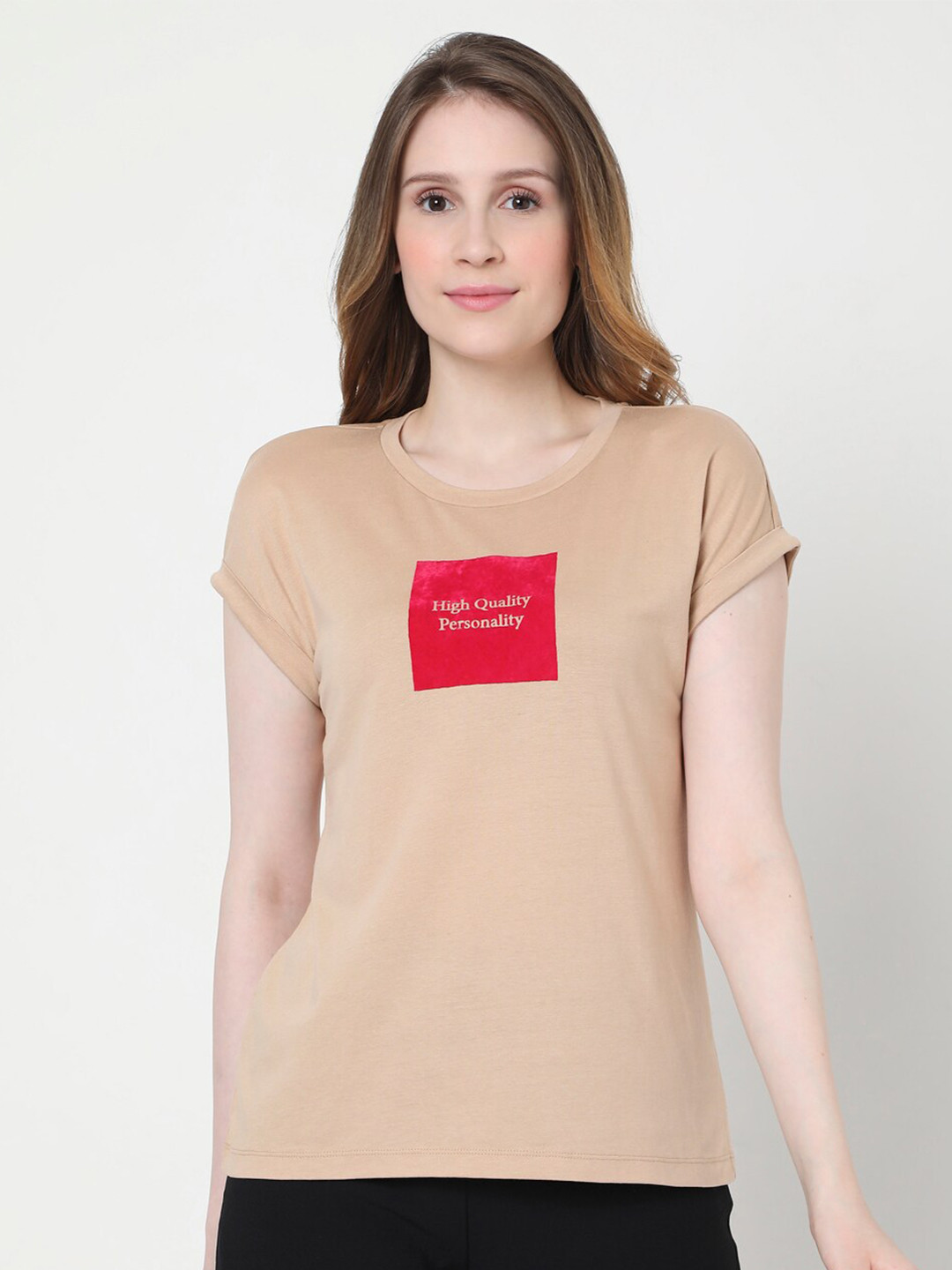 

Vero Moda Women Beige & Red Typography Printed Extended Sleeves Cotton T-shirt