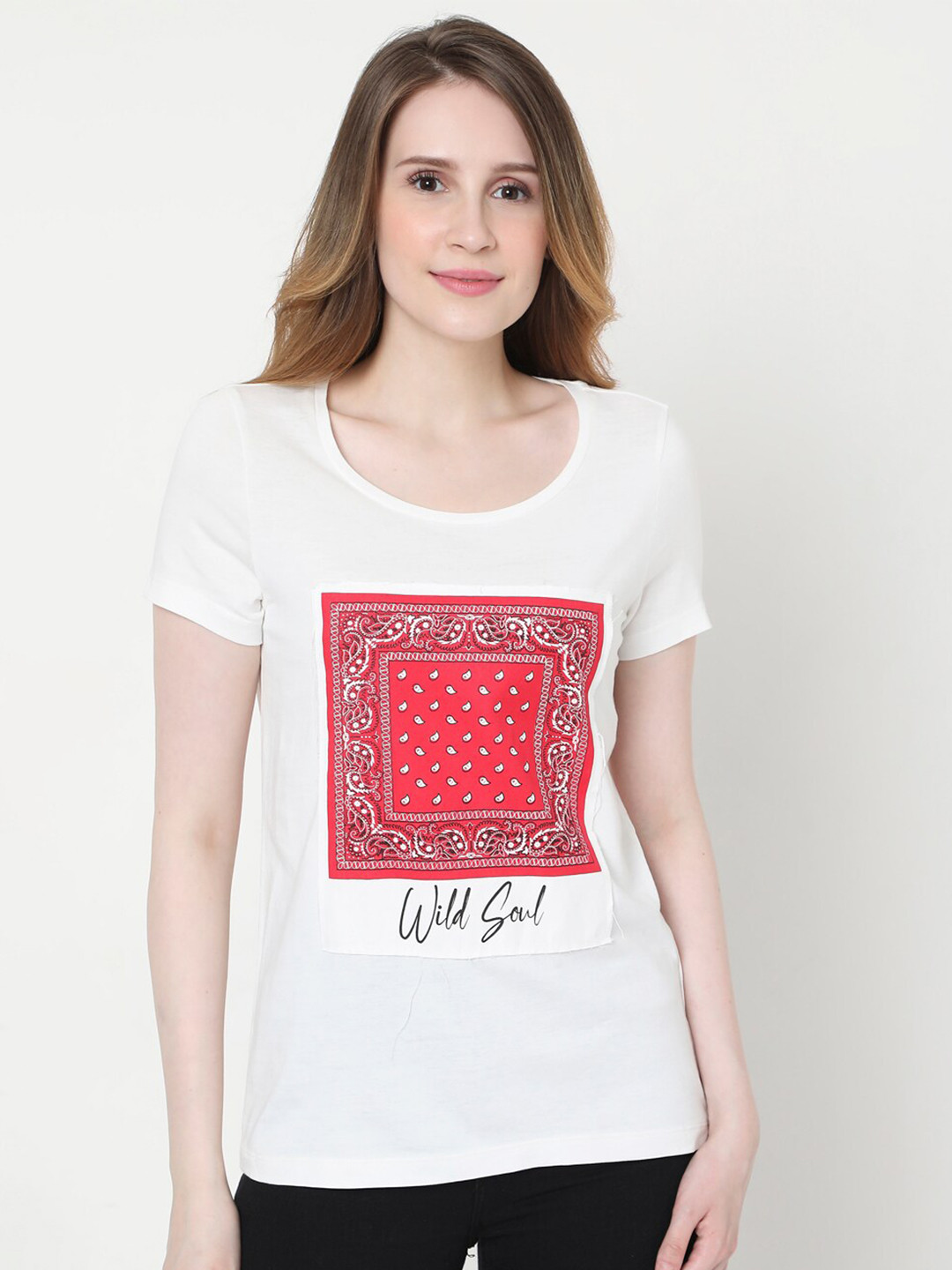 

Vero Moda Women White Printed Cotton T-shirt