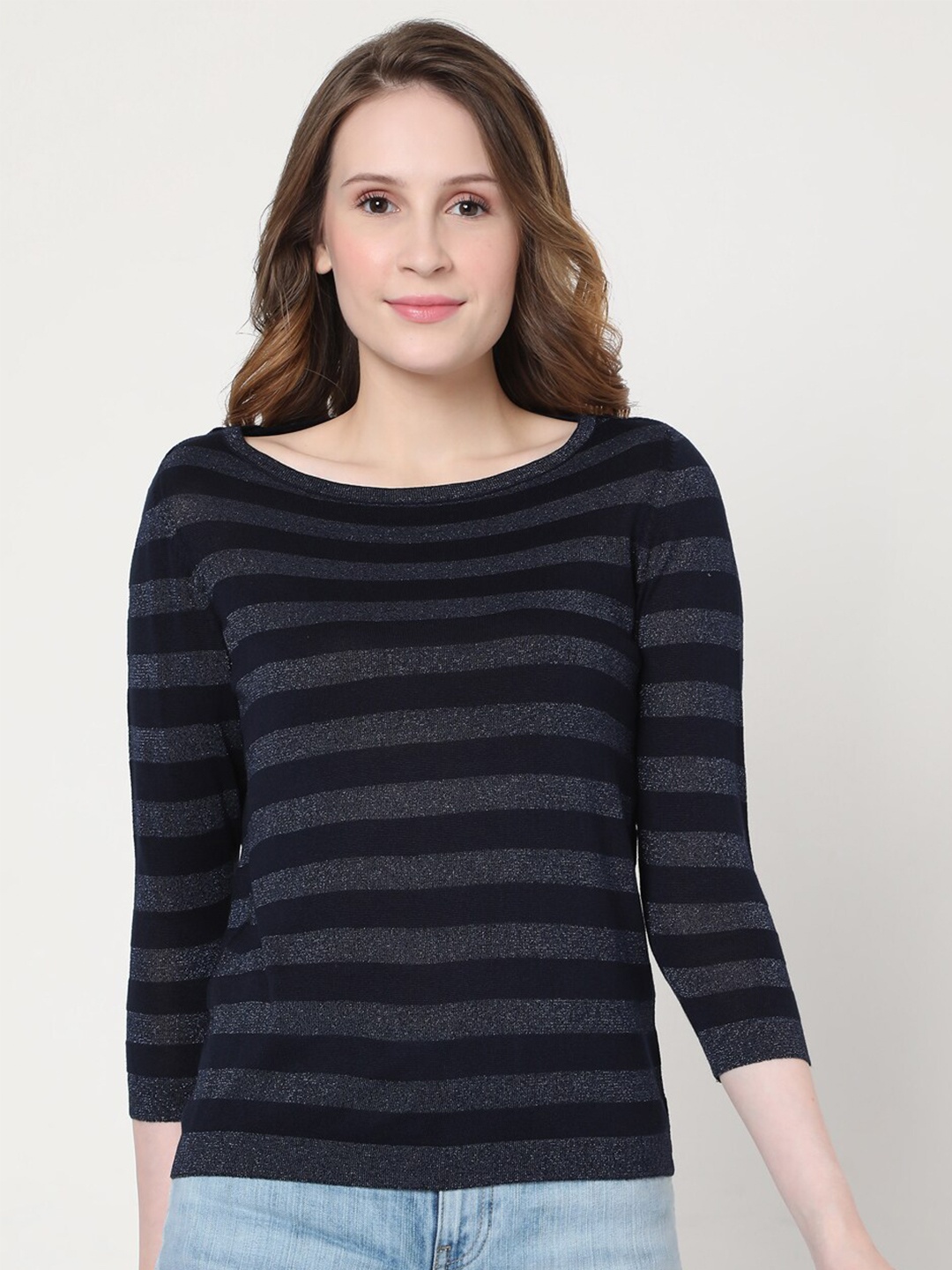 

Vero Moda Women Navy Blue Striped T-shirt
