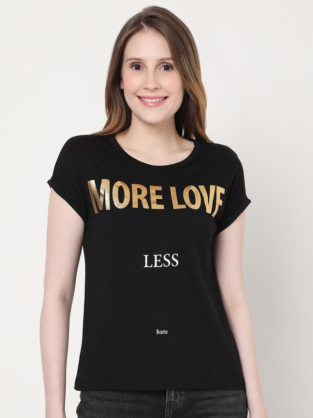 

Vero Moda Women Black Typography Printed Extended Sleeves T-shirt