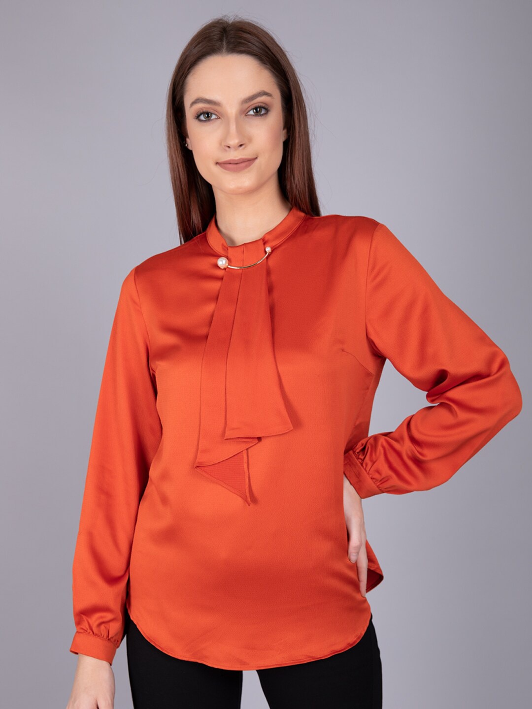 

Madame Rust Orange Tie-Up Neck Regular Top