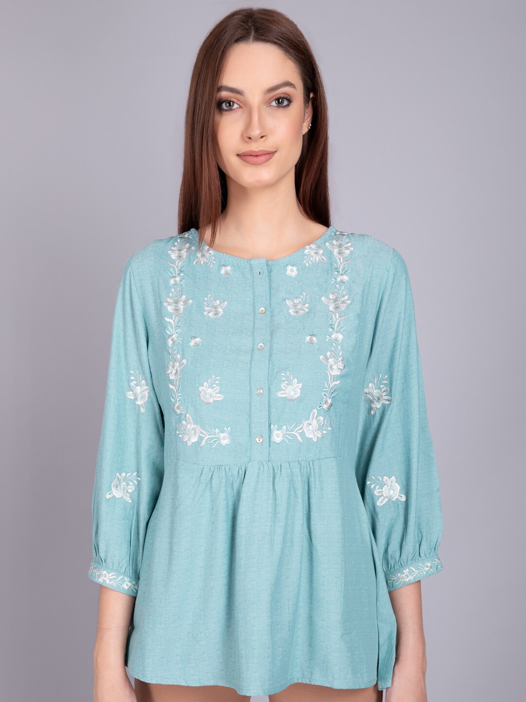 

Madame Green Floral Embroidered Cinched Waist Top