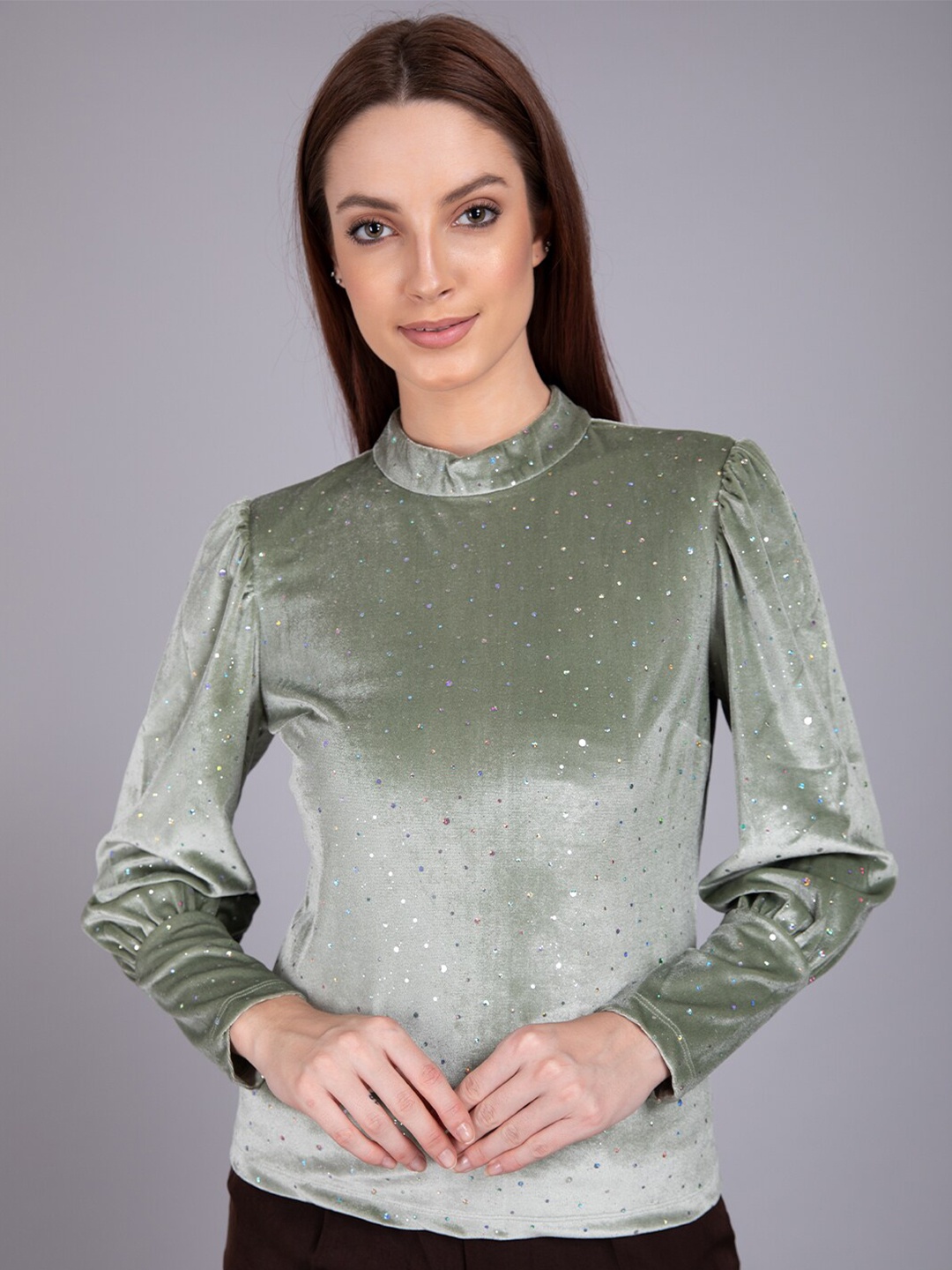 

Madame Women Green Embellished Hi Neck Regular Top