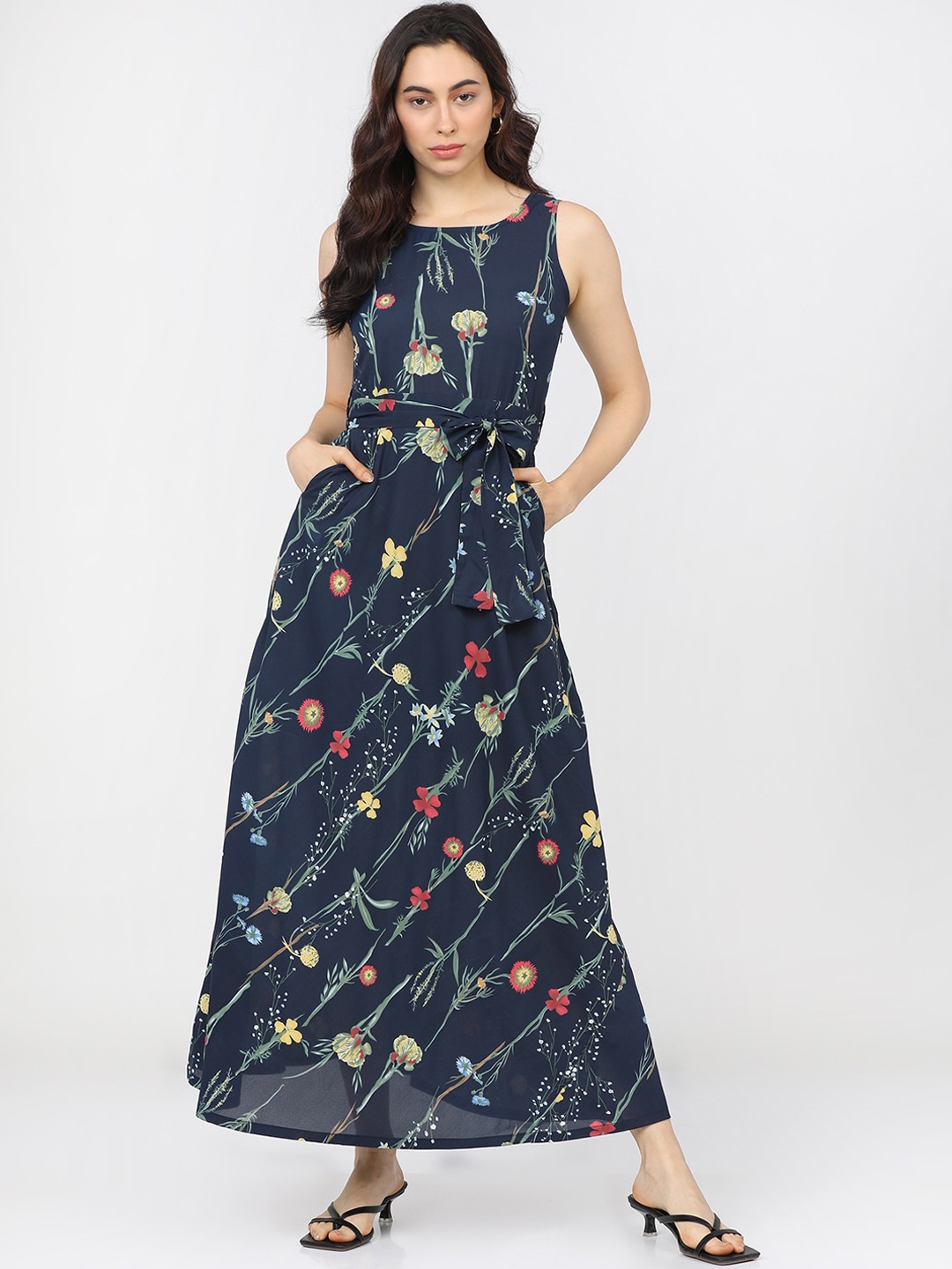 

Tokyo Talkies Navy Blue Floral Georgette Maxi Dress