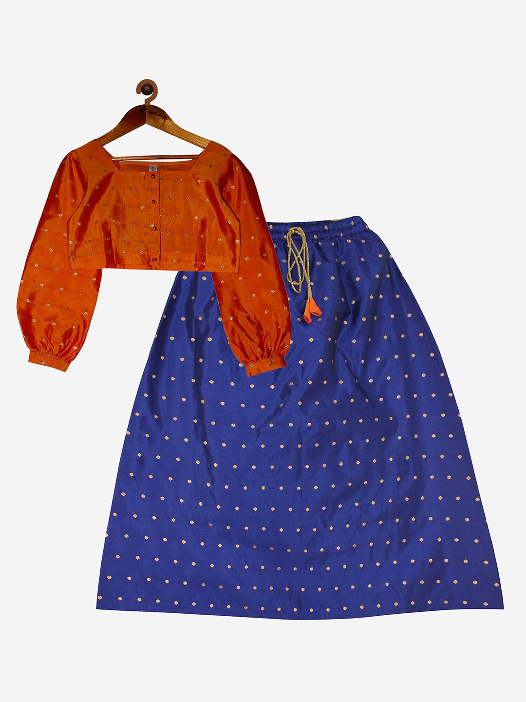 

KiddoPanti Girls Orange & Blue Embellished Ready to Wear Lehenga & Choli Set