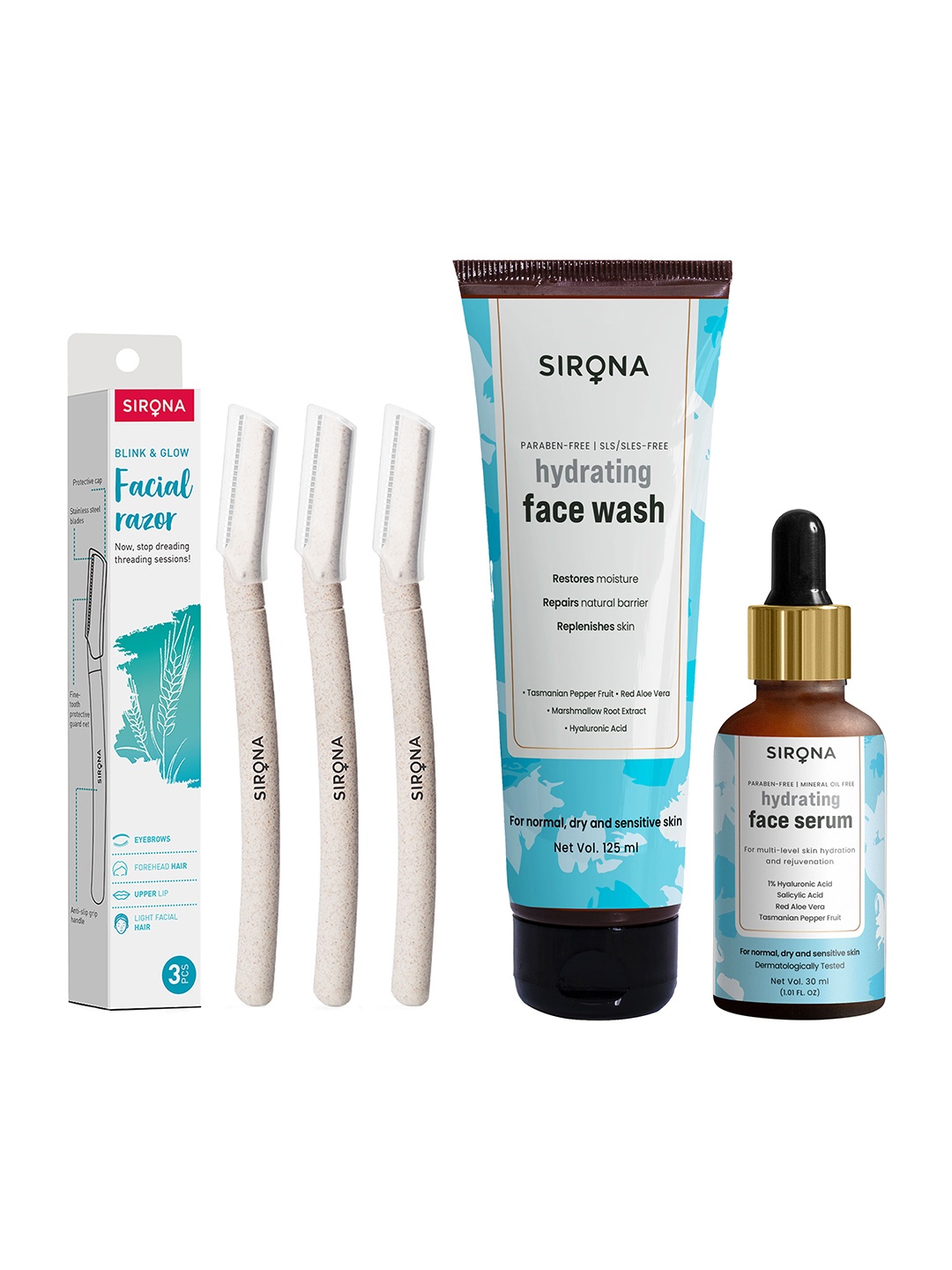 

Sirona Face Serum + Face Wash & Face Razor Combo, Blue