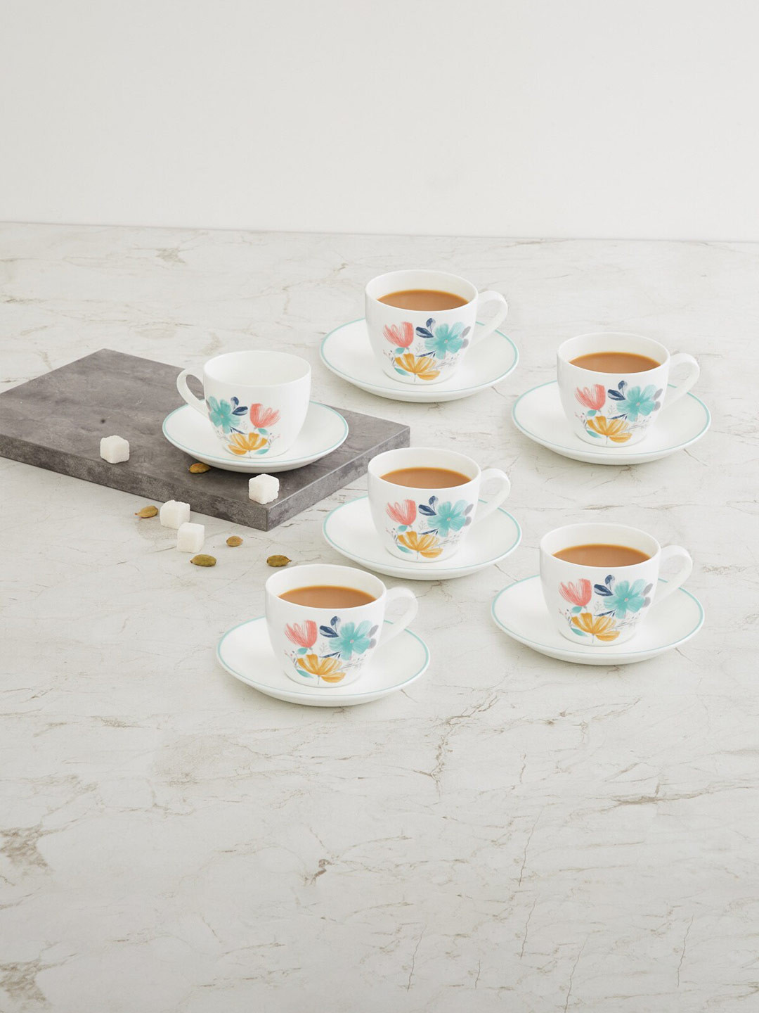 

Home Centre Set Of 6 White & Blue Printed Bone China Glossy Cups & Saucers
