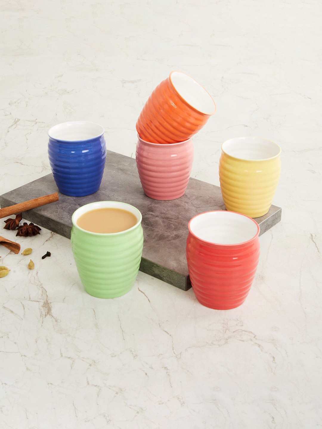 

Home Centre Set Of 6 Multicoloured Textured Bone China Glossy Kulladhs, Multi